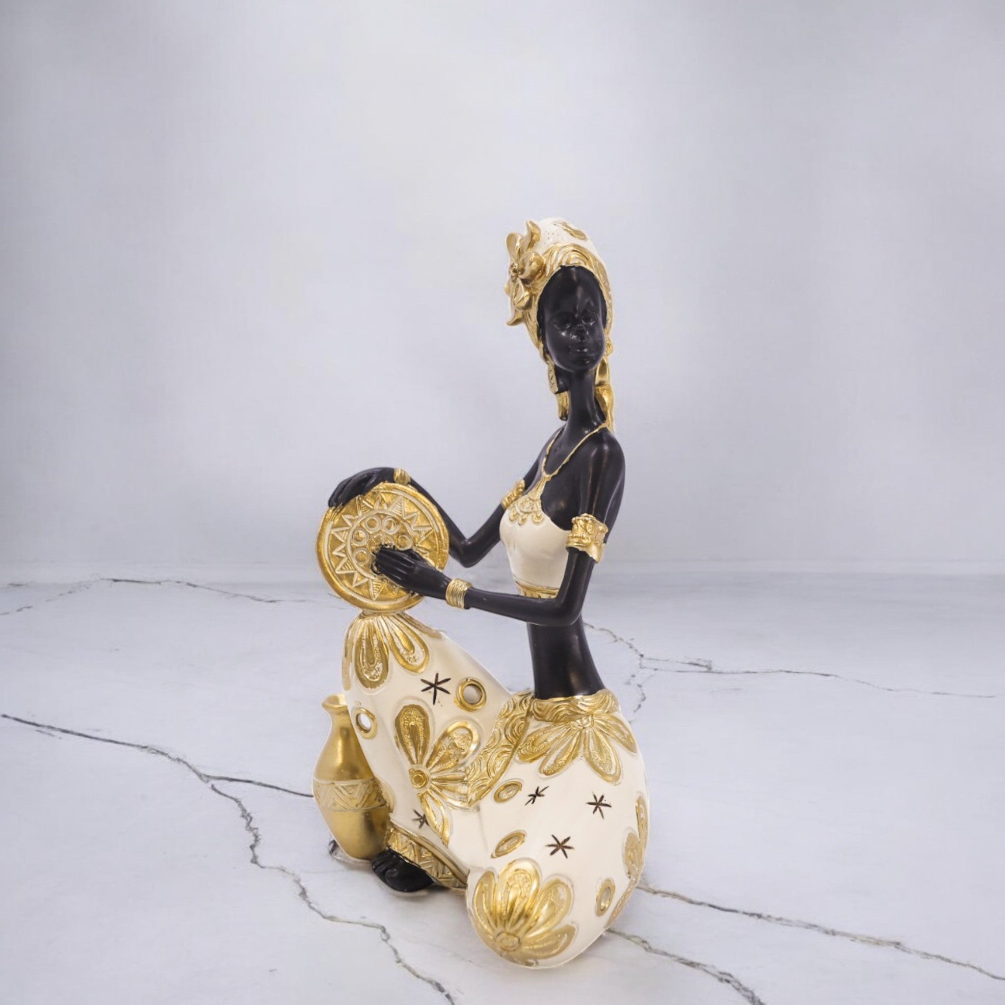 African Lady Figurine 22.5cm | Black & Gold Traditional Sculpture | Cultural Home Decor | Divine Dekor
