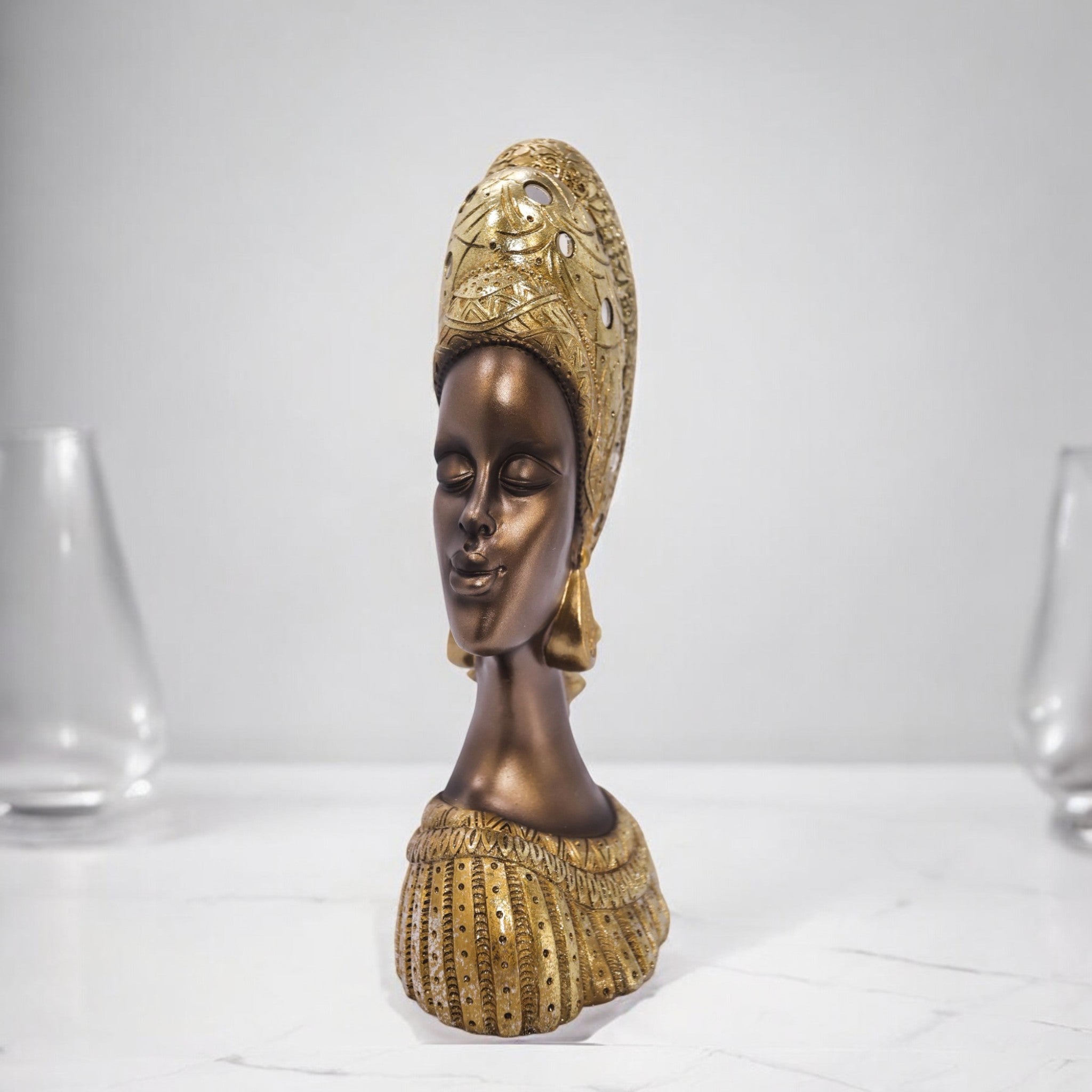 Divine Dekor’s African Queen Bust Sculpture 31cm | Golden Traditional Art | Luxury Cultural Decor