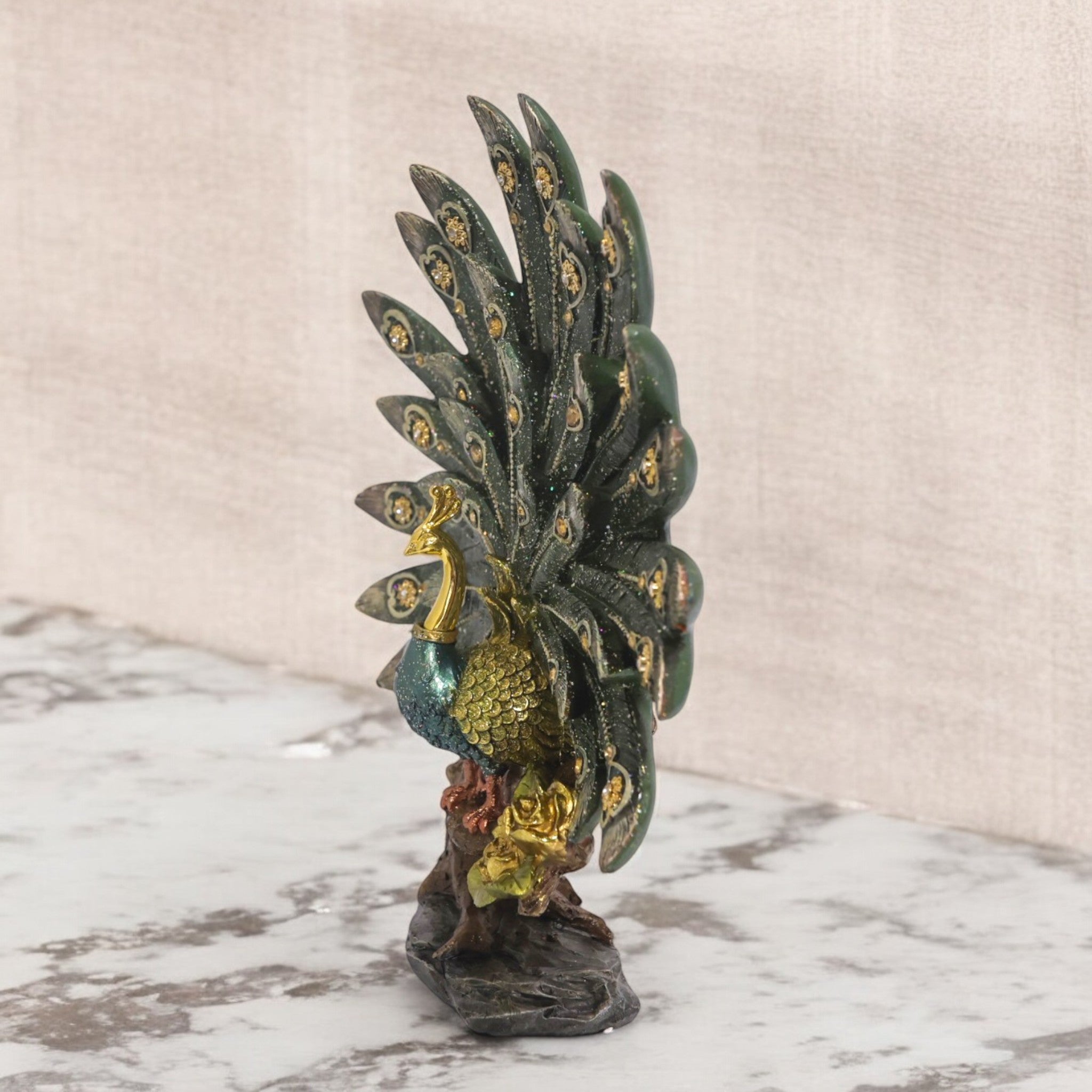 Ornate Peacock Sculpture with Crystal Fan | Traditional Art Statue | 31cm Premium Home Decor - Divine Dekor