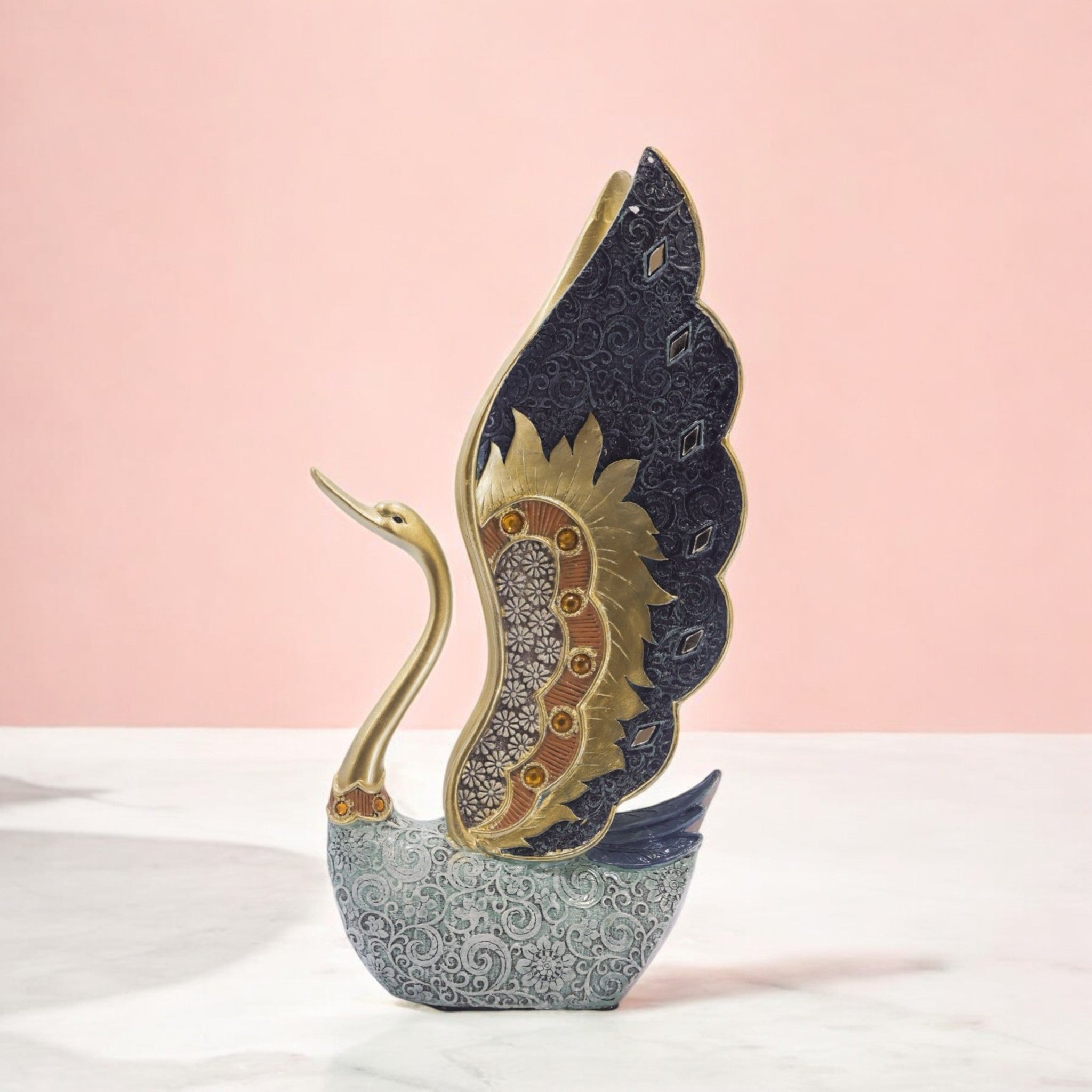 Elegant Swan Sculpture | Navy & Gold Art Statue with Crystal Base | 23cm Luxury Home Decor - Divine Dekor