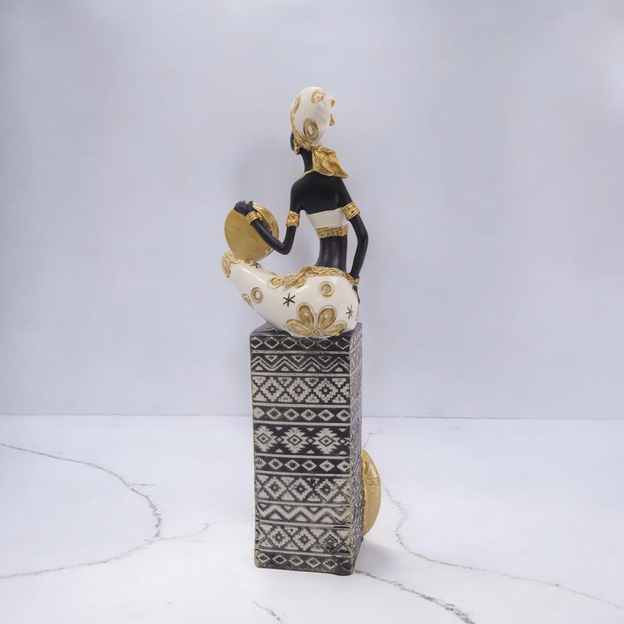 African Lady Sculpture with Water Pot | Black & Gold Art Statue | 32cm Luxury Cultural Decor - Divine Dekor