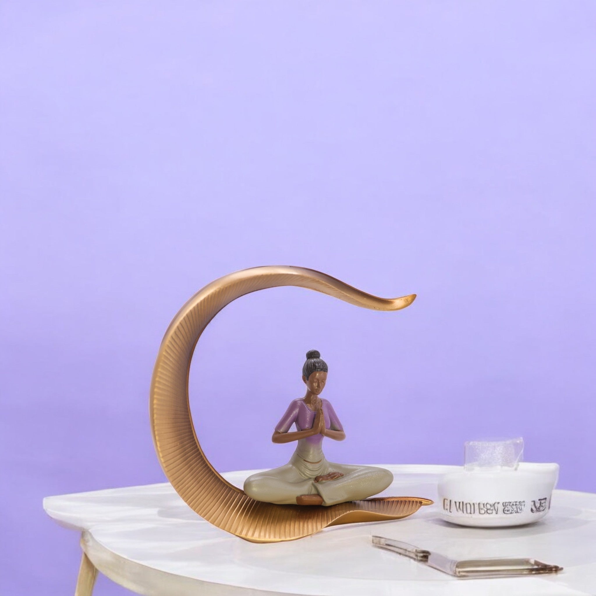 Divine Dekor’s Lotus Moon Yoga Sculpture 27cm | Rose Gold Meditation Art | Contemporary Mindfulness Decor
