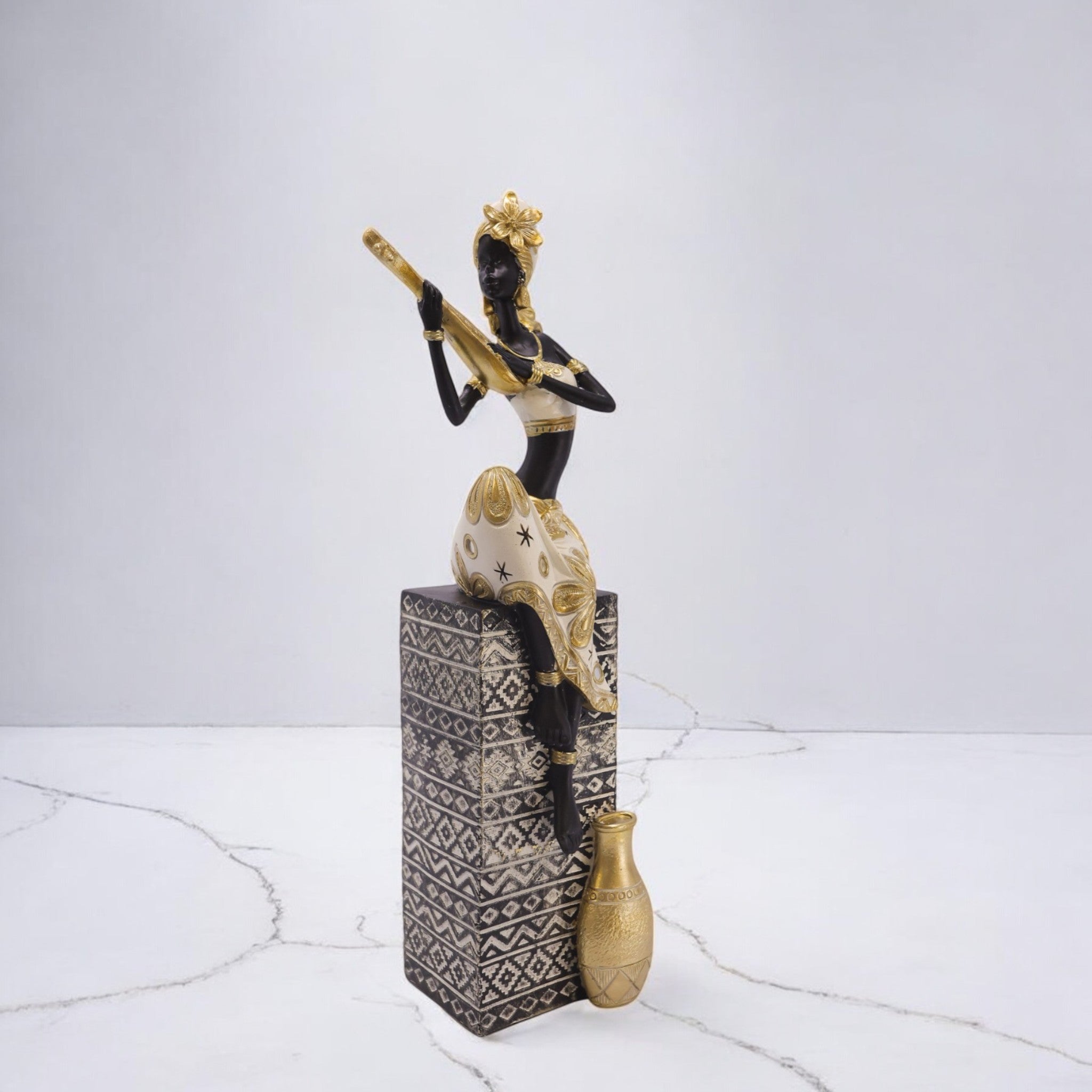 Divine Dekor’s Tall African Lady Sculpture 38cm | Black & Gold Art Statue | Luxury Cultural Decor | Divine Dekor