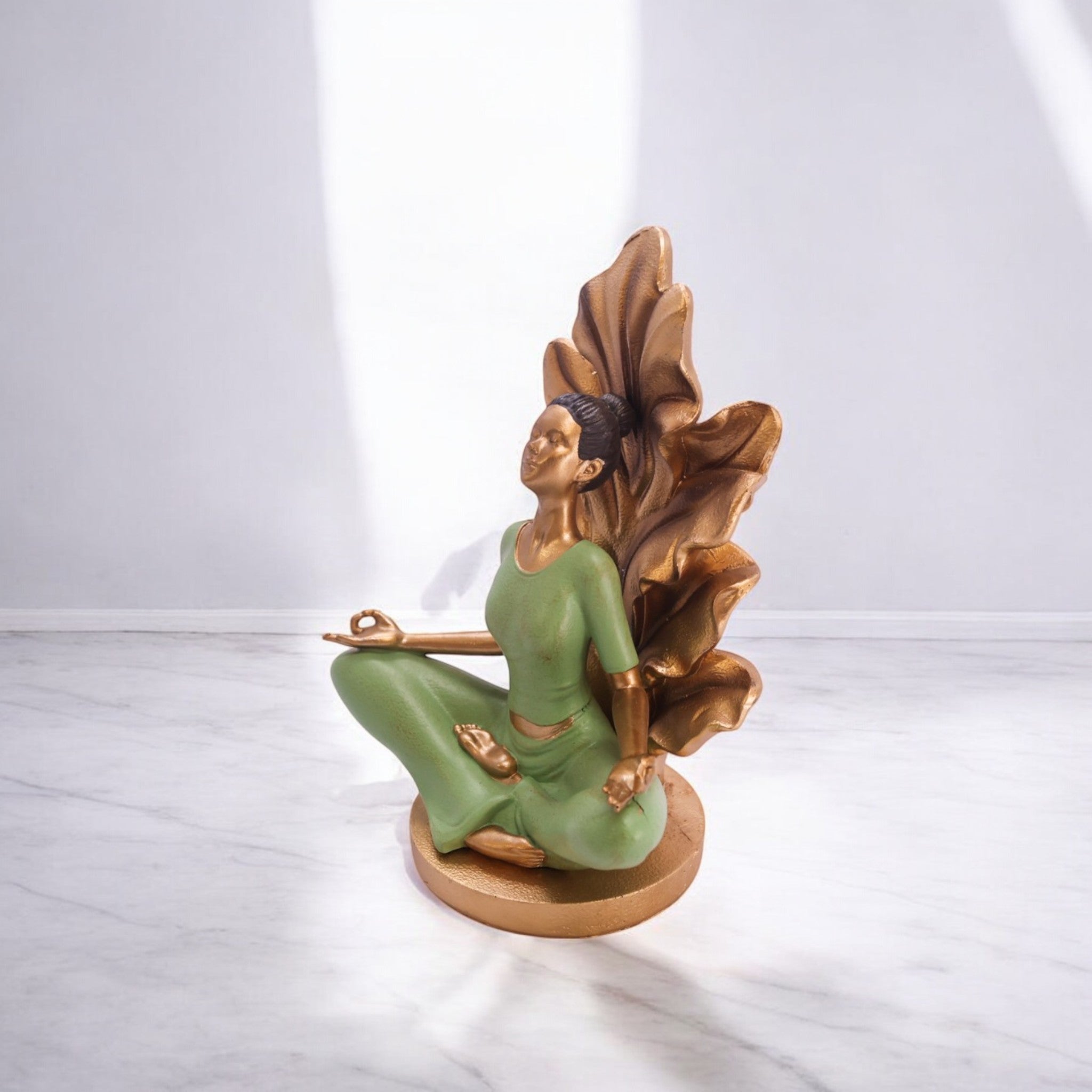 Divine Dekor Lotus Meditation Sculpture | 25.5cm Yoga Lady Statue | Zen Home Decor | Spiritual Mindfulness Art (Green-Gold)