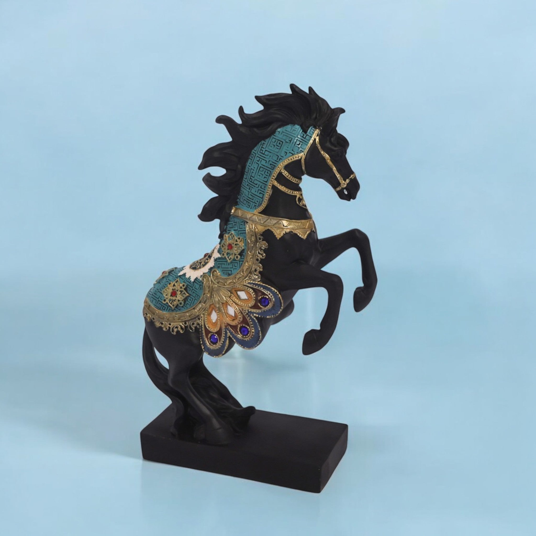 Majestic Black Horse Sculpture with Turquoise Accents | Rearing Stallion Art Statue | 30cm Premium Home Decor - Divine Dekor