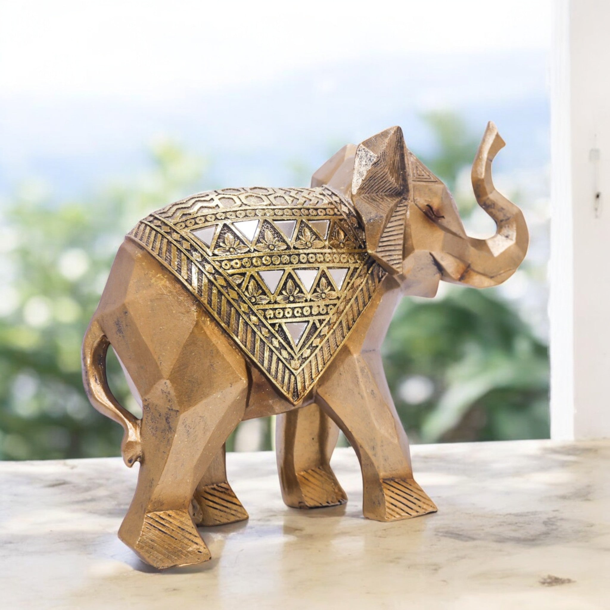 Royal Golden Elephant Sculpture | Geometric Art Decor | 26cm Prosperity Statue