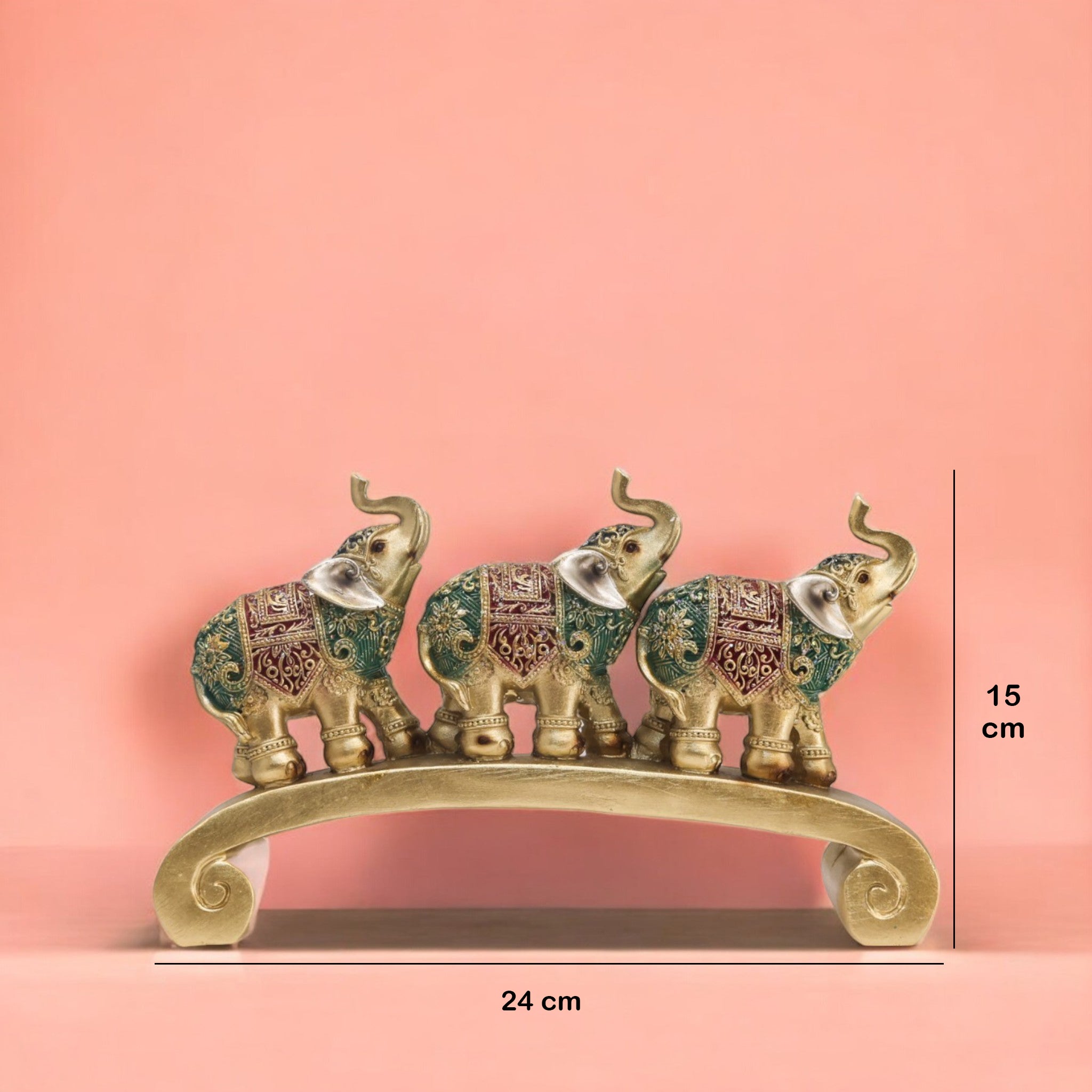 Divine Dekor Three Elephants Bridge Statue - Green & Gold Lucky Decor Set