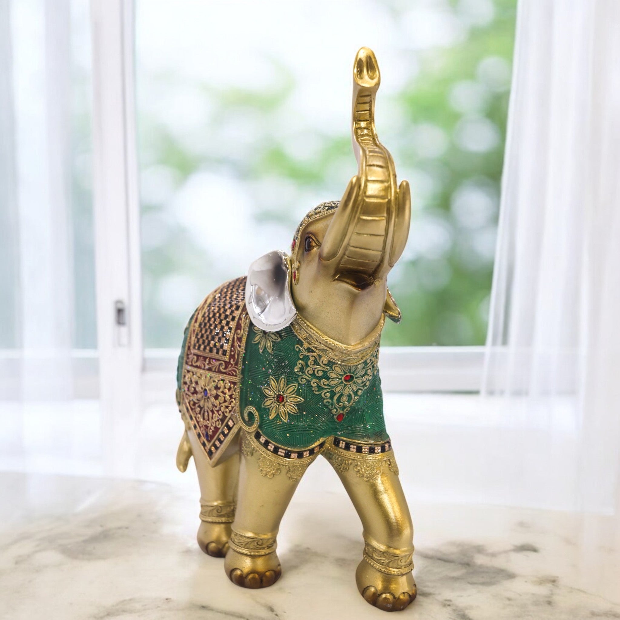 Divine Dekor Royal Elephant Statue - Large Emerald & Gold Prosperity Decor