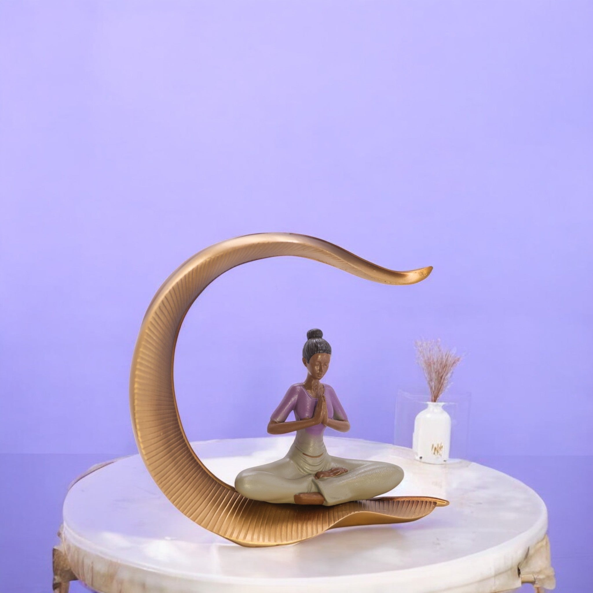 Divine Dekor’s Lotus Moon Yoga Sculpture 27cm | Rose Gold Meditation Art | Contemporary Mindfulness Decor