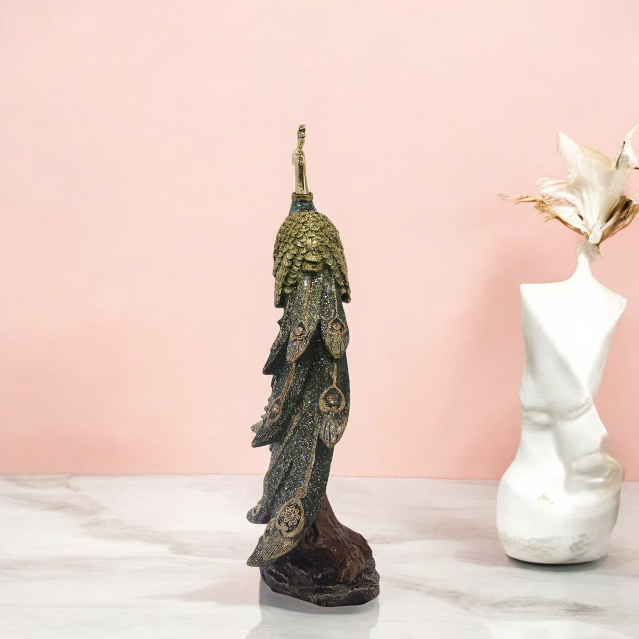 Regal Peacock Sculpture | Hand-Painted Luxury Home Decor | 28cm Decorative Bird Figurine - Divine Dekor