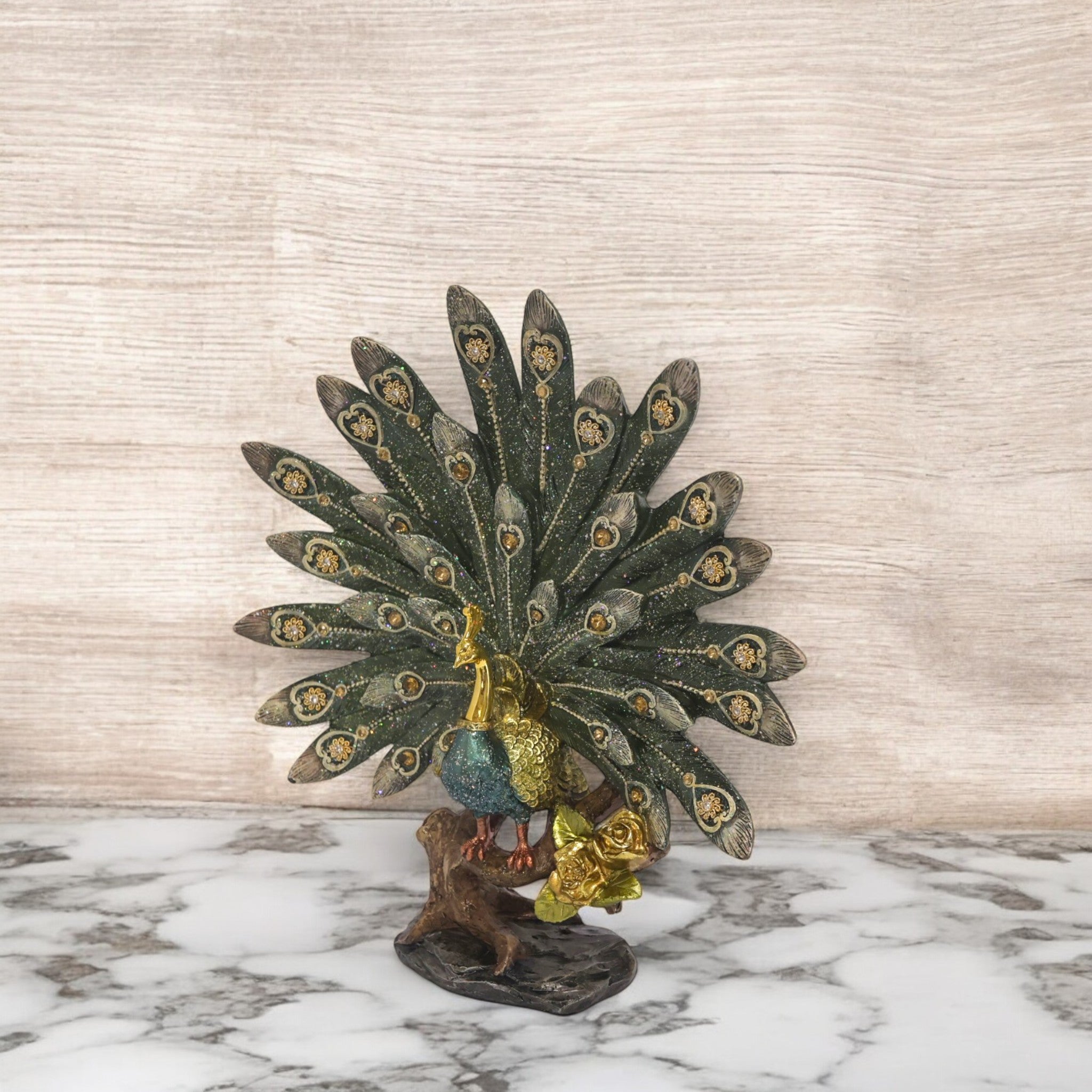 Ornate Peacock Sculpture with Crystal Fan | Traditional Art Statue | 31cm Premium Home Decor - Divine Dekor