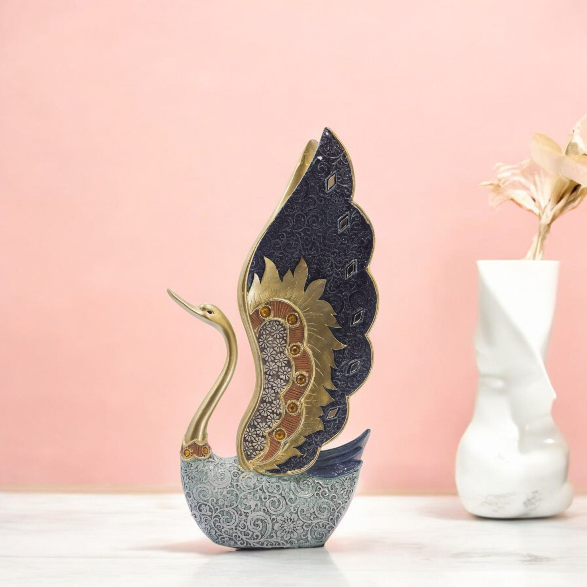 Elegant Swan Sculpture | Navy & Gold Art Statue with Crystal Base | 23cm Luxury Home Decor - Divine Dekor