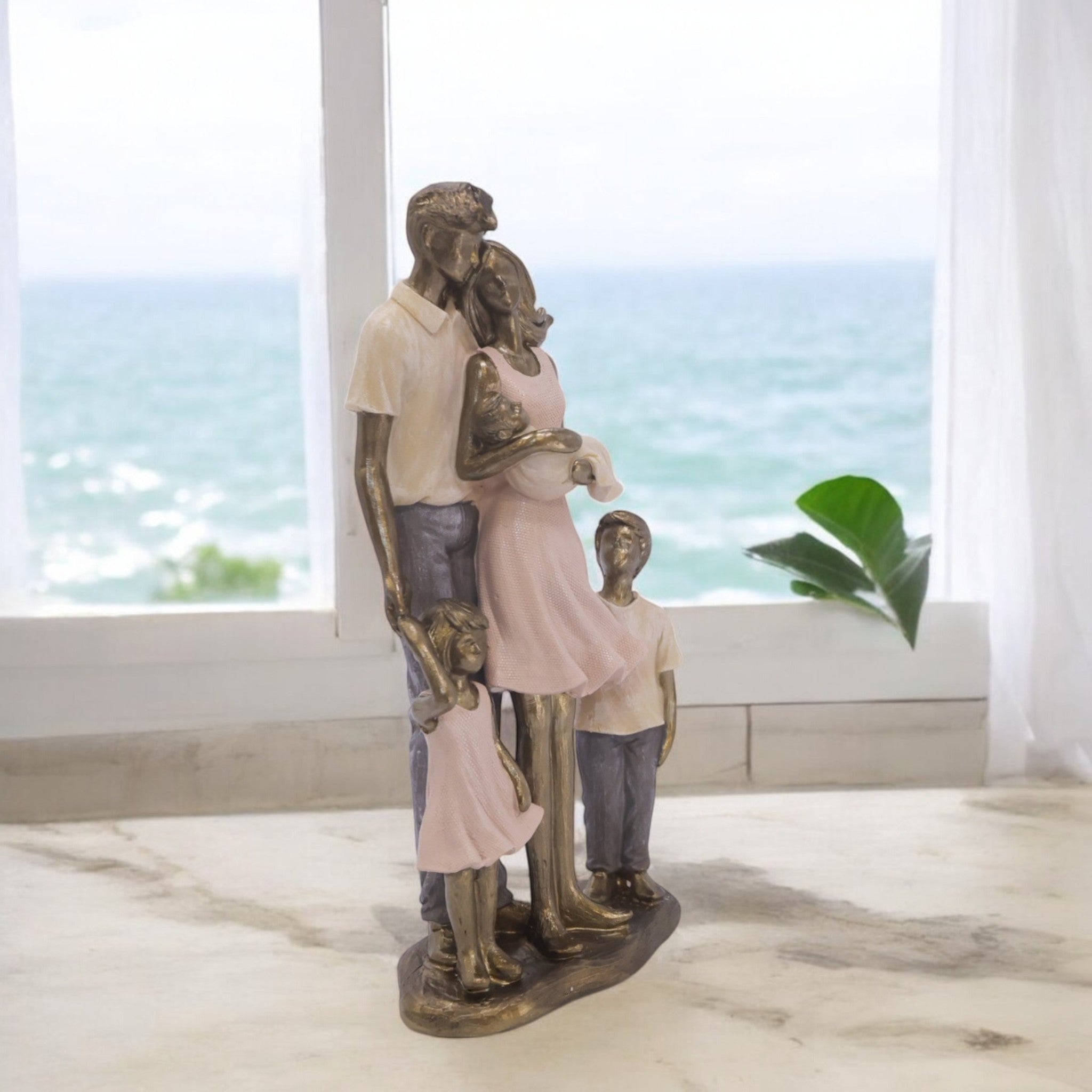 Mother & Children Family Sculpture 25.5cm | Golden White Resin Art | Sentimental Home Decor | Divine Dekor