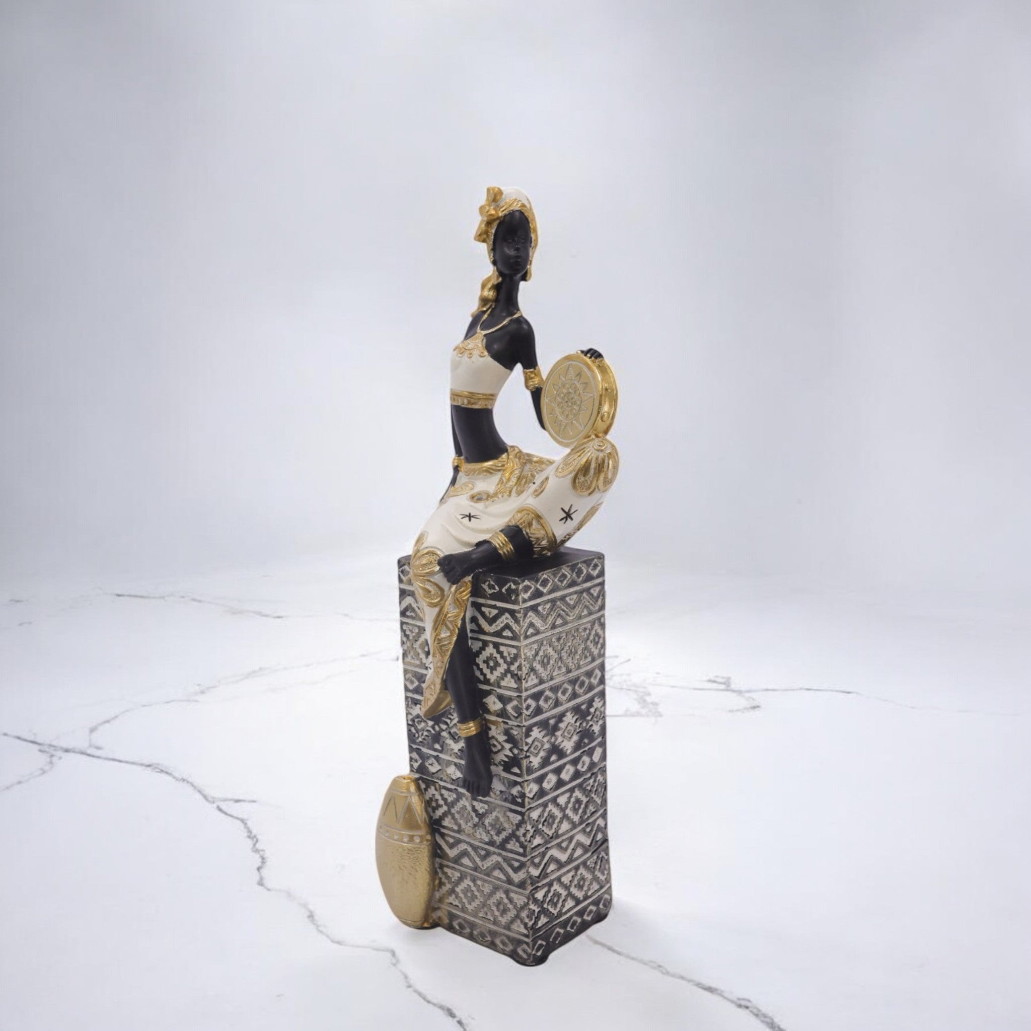 African Lady Sculpture with Water Pot | Black & Gold Art Statue | 32cm Luxury Cultural Decor - Divine Dekor