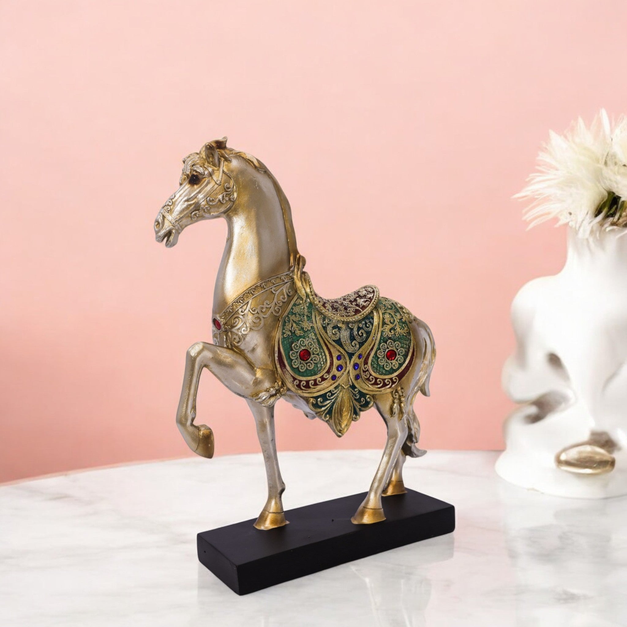 Luxury Golden Horse Statue with Emerald Crystal Accents | Elegant Home Decor Figurine | 31cm Royal Collection - Divine Dekor