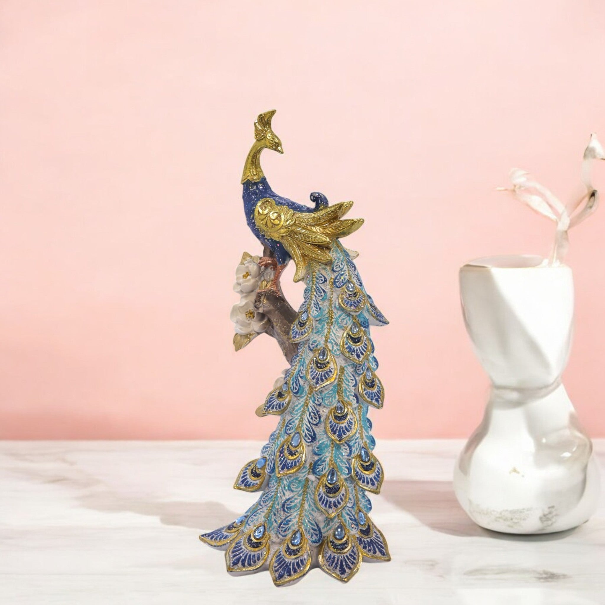 Elegant Peacock Statue with Flowing Feathers | Turquoise & Gold Luxury Bird Sculpture | 29.5cm Premium Home Decor - Divine Dekor