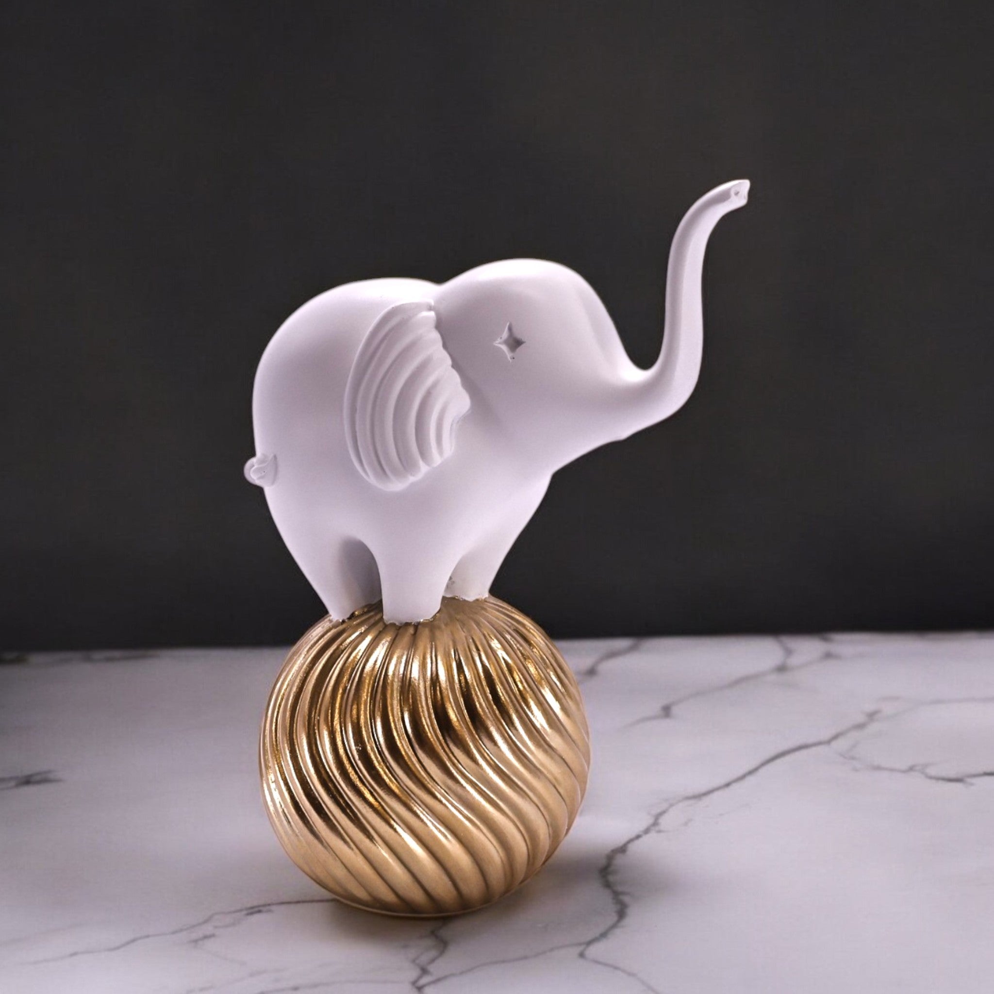 White Elephant on Golden Ball Sculpture | Modern Lucky Decor | Divine Dekor