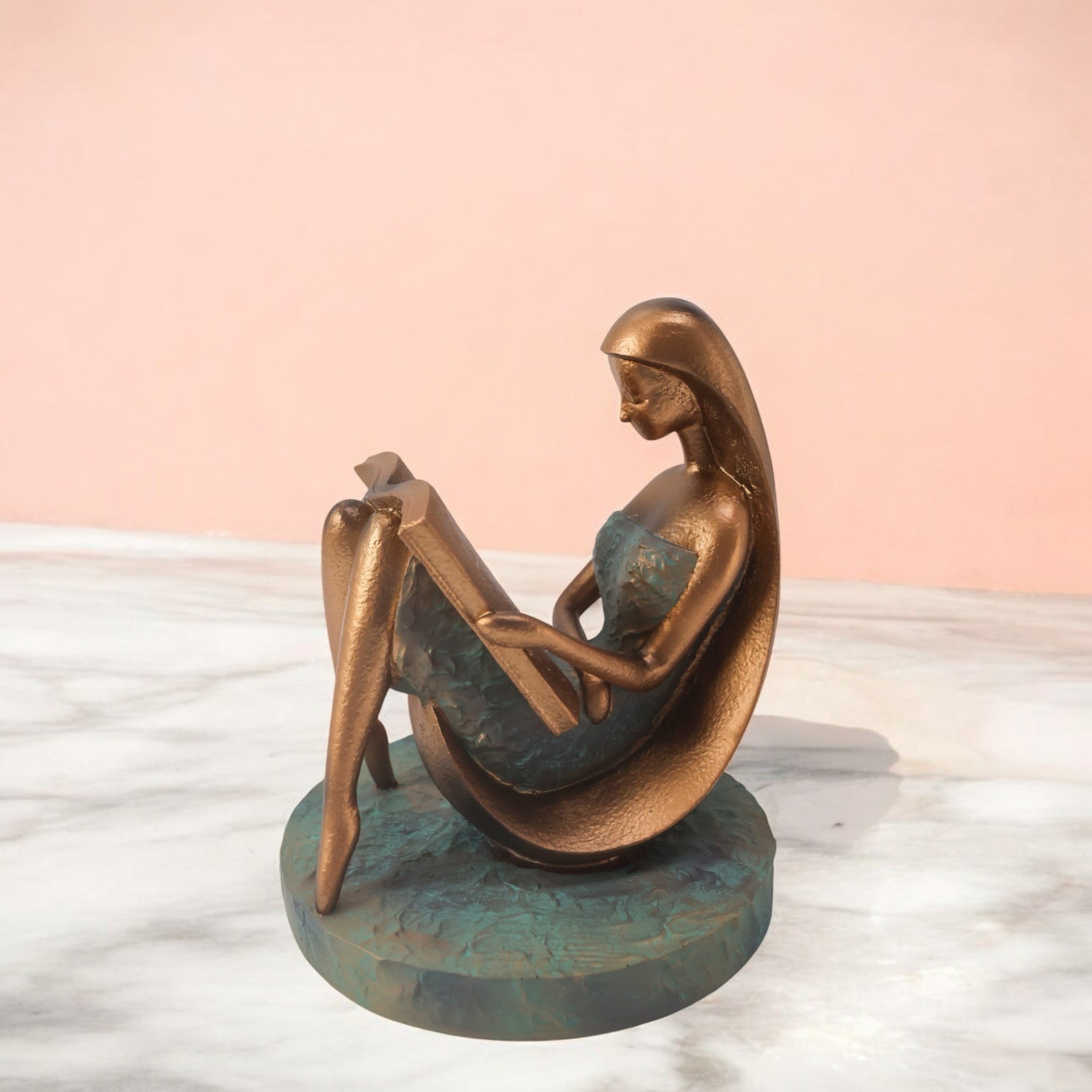 Divine Dekor’s Modern Reading Lady Sculpture 22cm | Bronze & Teal Art Figure | Contemporary Home Decor