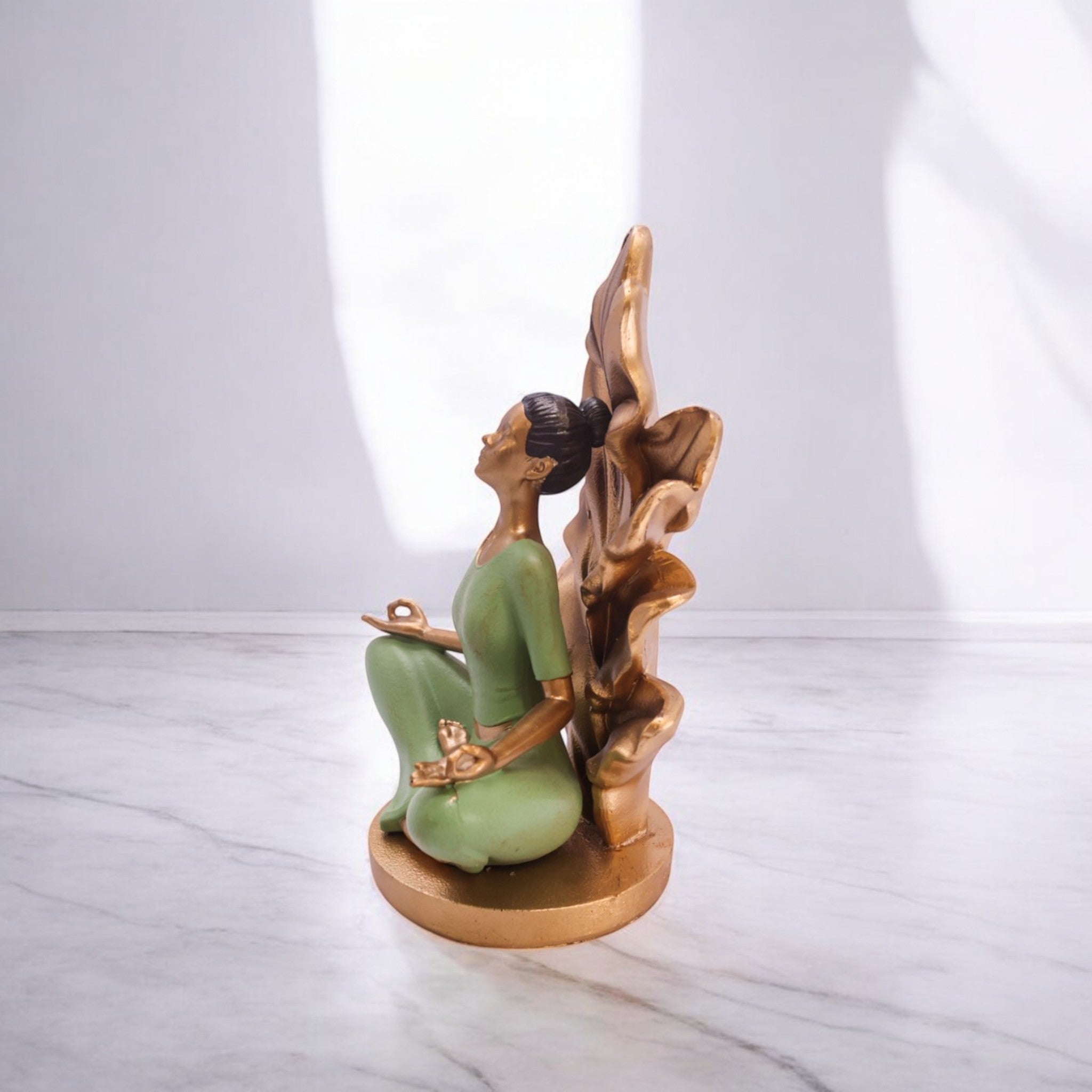 Divine Dekor Lotus Meditation Sculpture | 25.5cm Yoga Lady Statue | Zen Home Decor | Spiritual Mindfulness Art (Green-Gold)