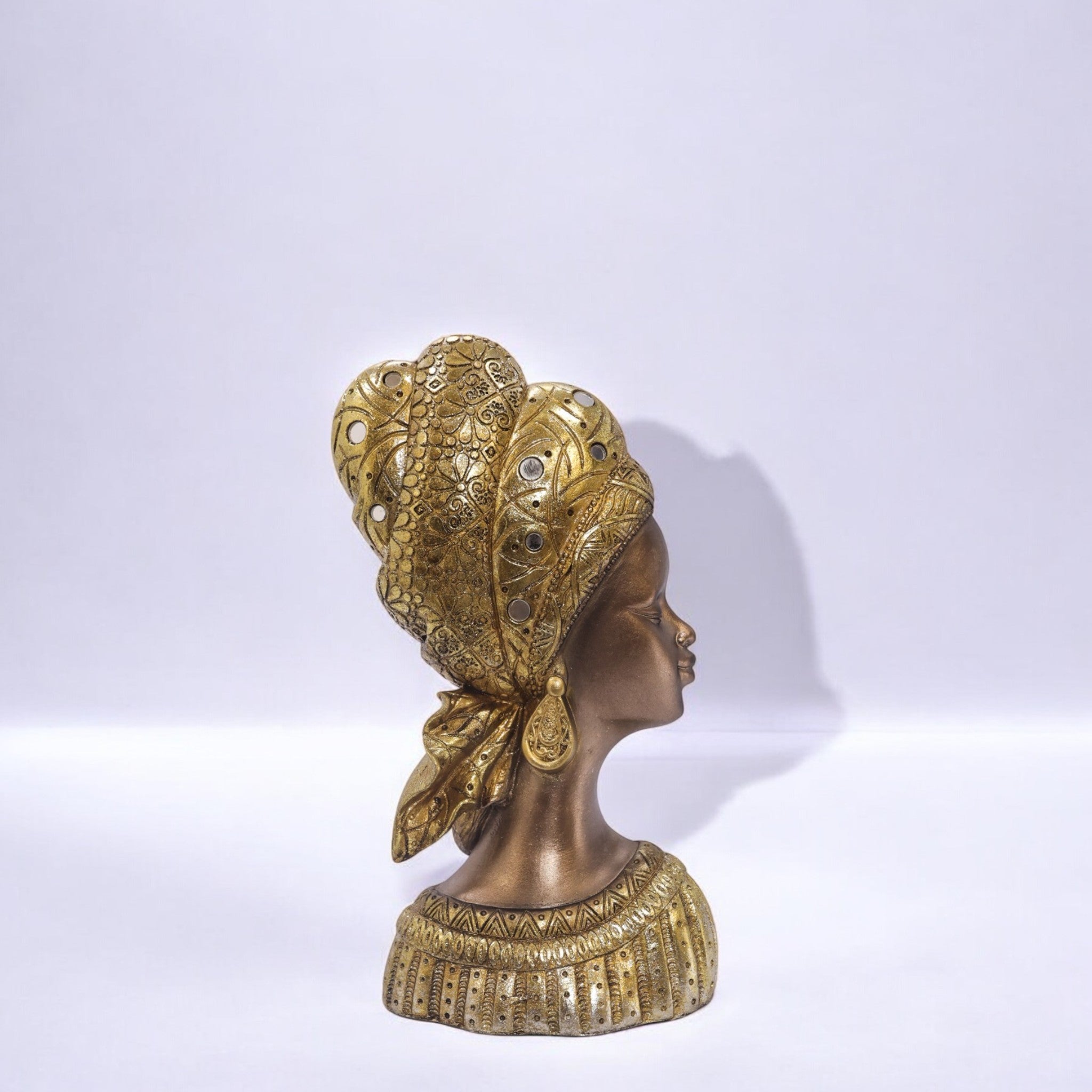 Divine Dekor’s African Queen Bust Sculpture | Golden Headdress Art Statue | 26cm Luxury Cultural Decor