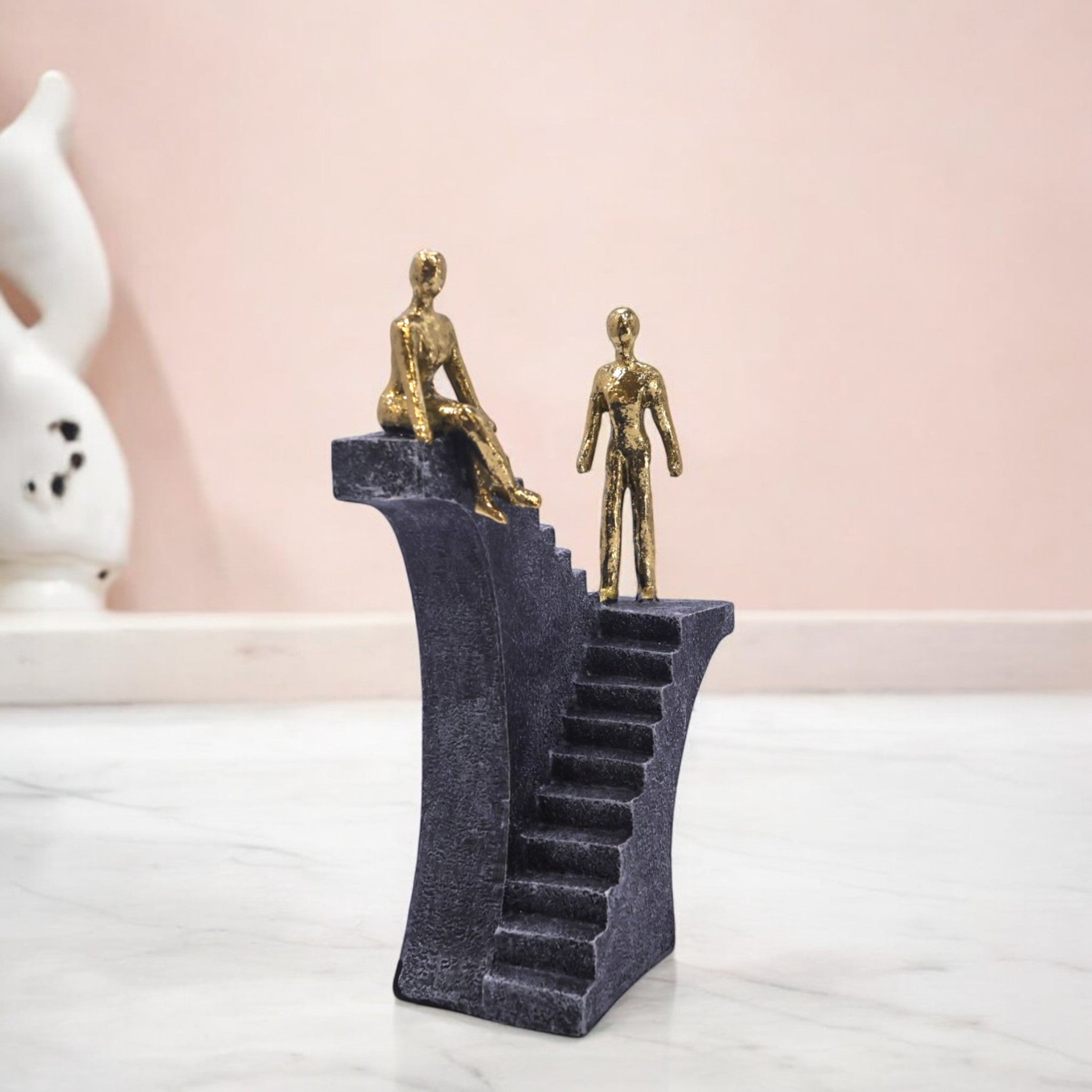Ascending Figures Stairway Sculpture | Modern Grey & Gold Art Statue | 25cm Contemporary Home Decor - Divine Dekor