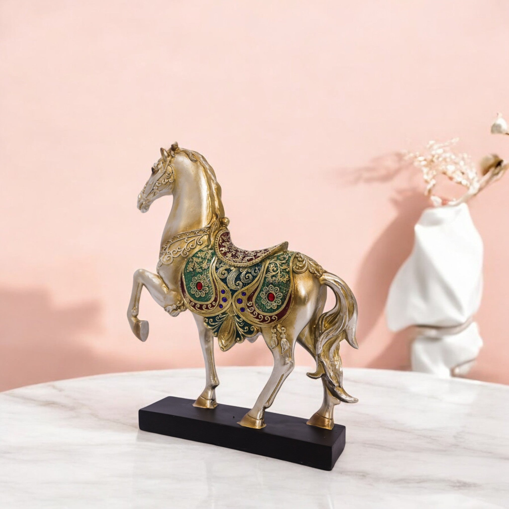 Luxury Golden Horse Statue with Emerald Crystal Accents | Elegant Home Decor Figurine | 31cm Royal Collection - Divine Dekor