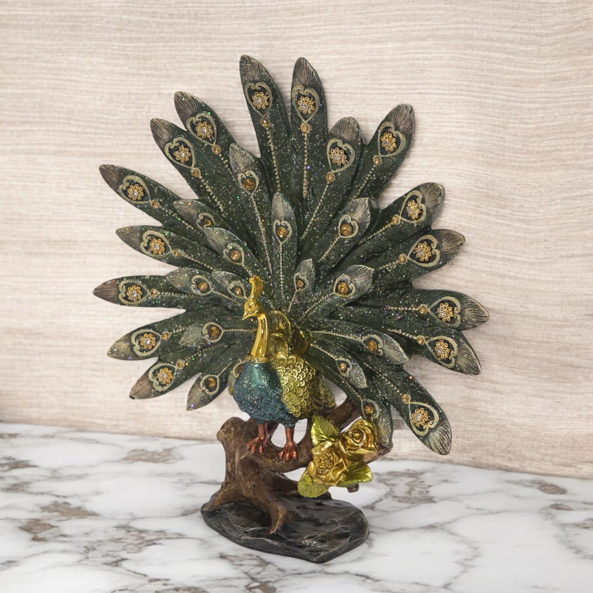 Ornate Peacock Sculpture with Crystal Fan | Traditional Art Statue | 31cm Premium Home Decor - Divine Dekor