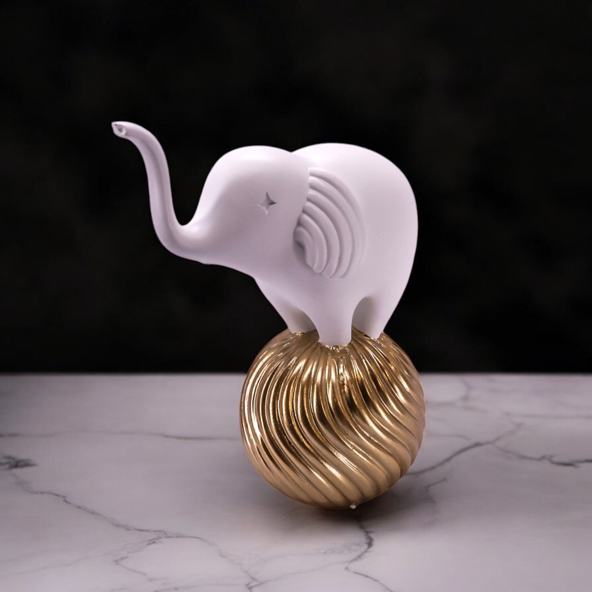 White Elephant on Golden Ball Sculpture | Modern Lucky Decor | Divine Dekor