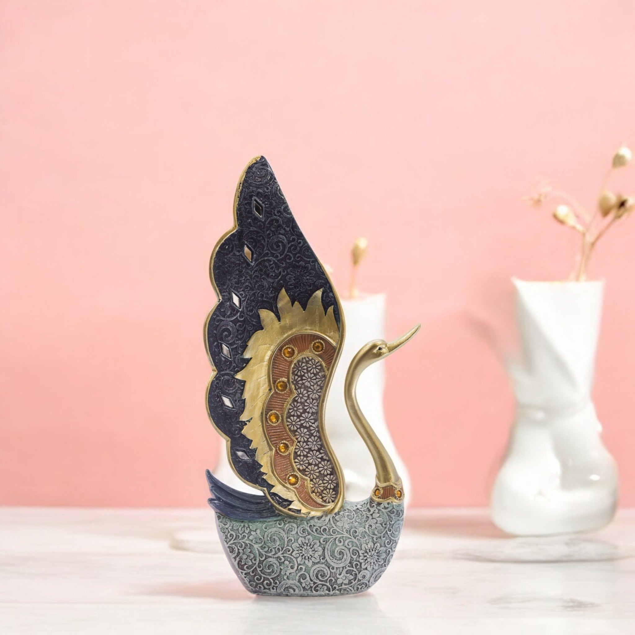 Elegant Swan Sculpture | Navy & Gold Art Statue with Crystal Base | 23cm Luxury Home Decor - Divine Dekor