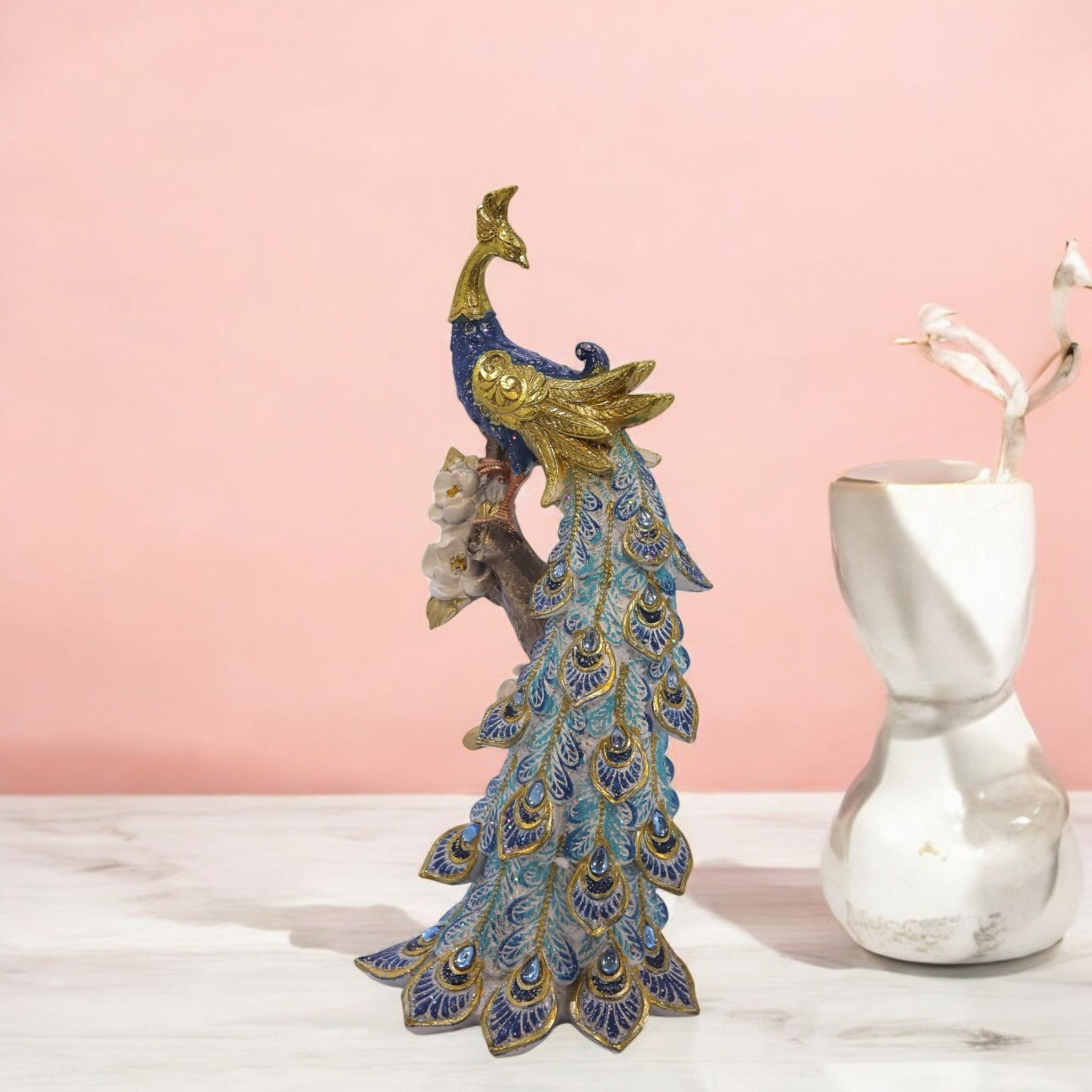 Elegant Peacock Statue with Flowing Feathers | Turquoise & Gold Luxury Bird Sculpture | 29.5cm Premium Home Decor - Divine Dekor