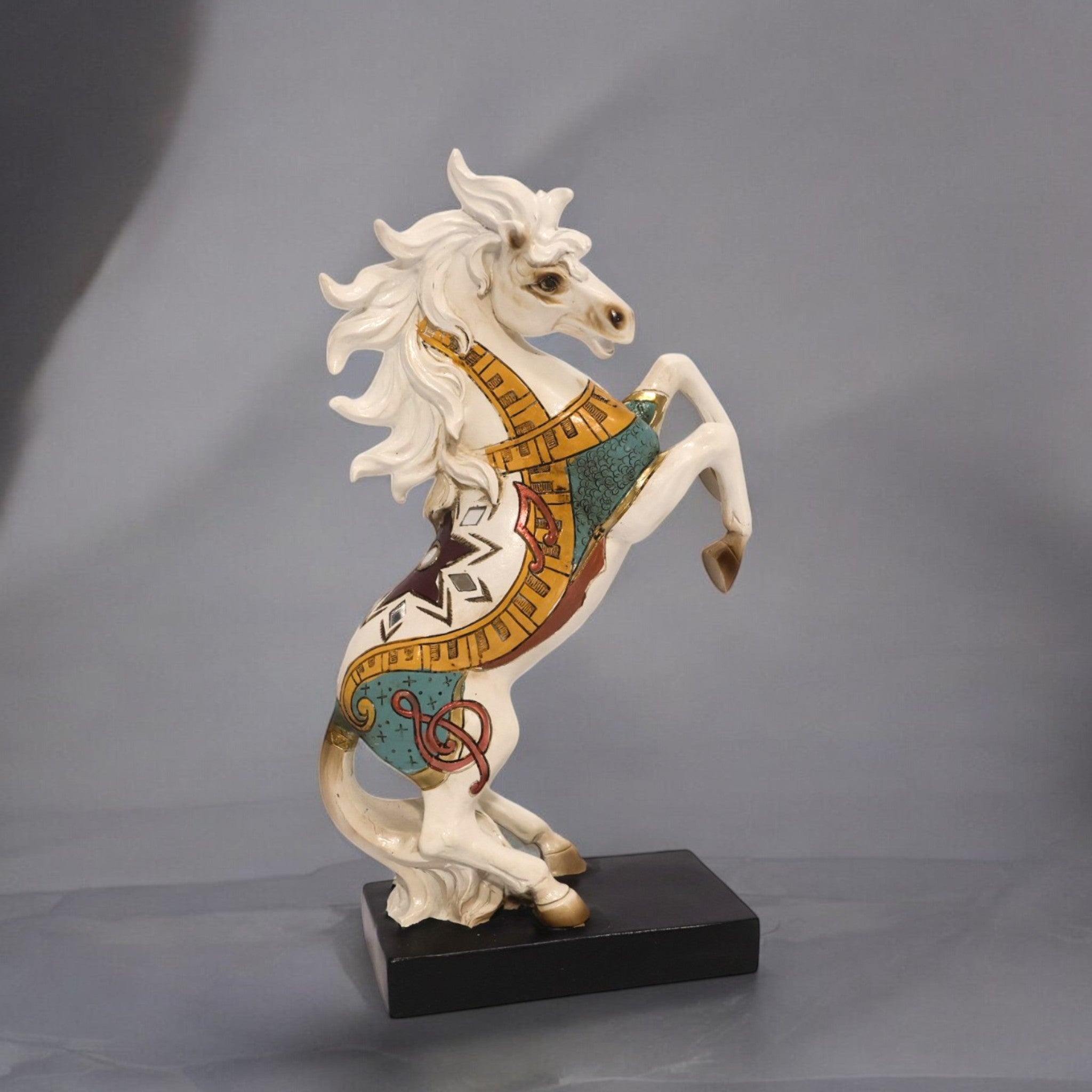 Folk Art Rearing Horse Sculpture | White & Gold Spirit Stallion | 34cm Art Piece
