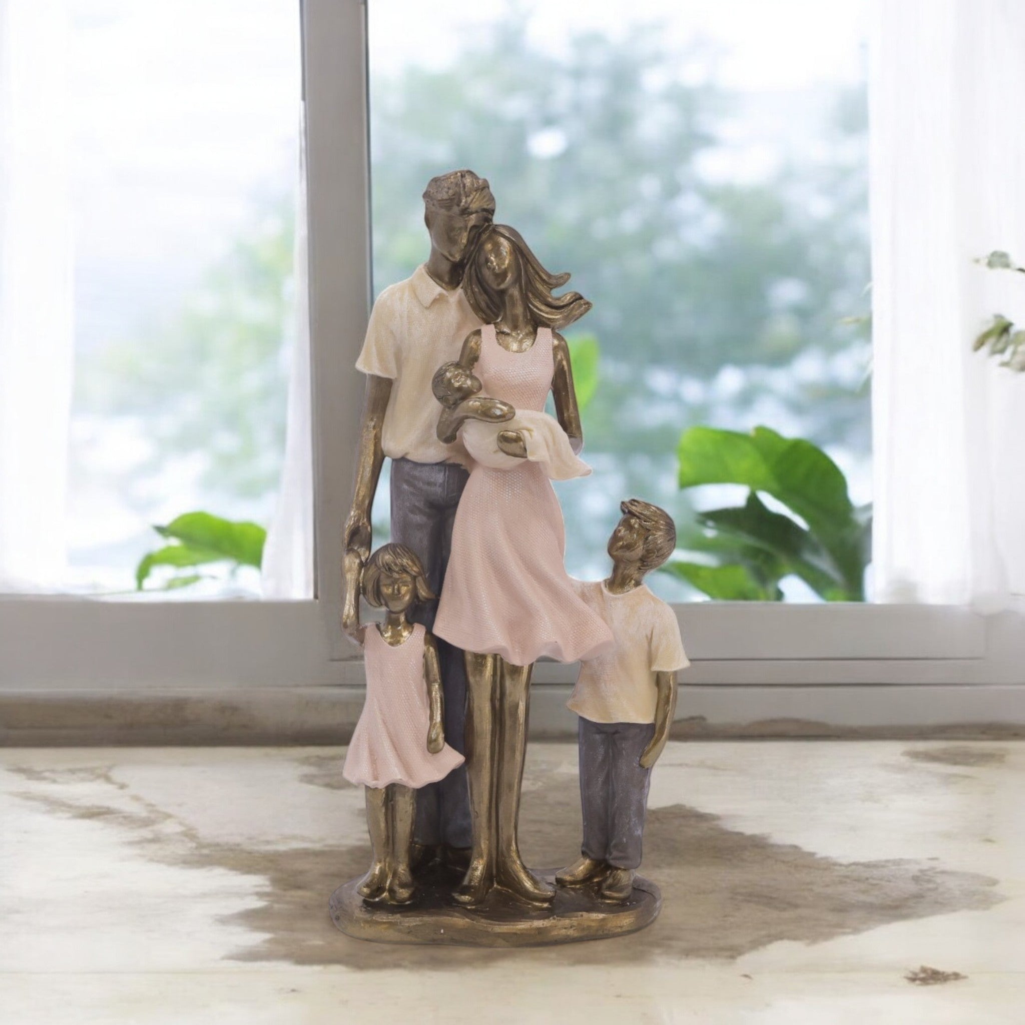 Mother & Children Family Sculpture 25.5cm | Golden White Resin Art | Sentimental Home Decor | Divine Dekor
