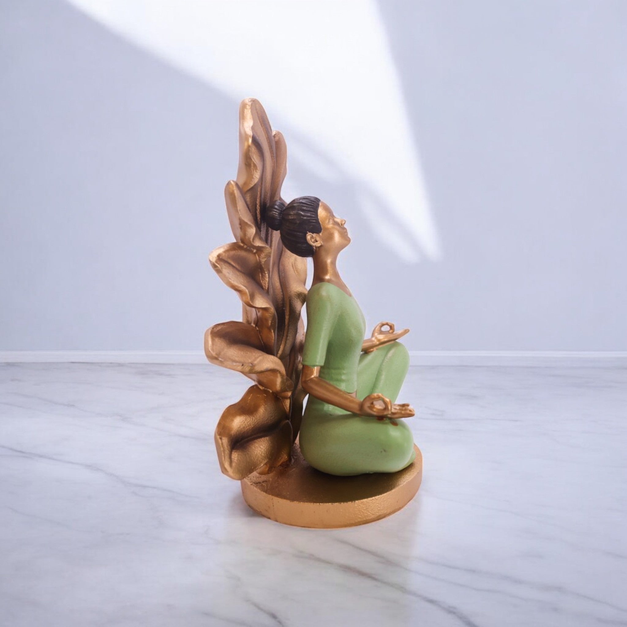 Divine Dekor Lotus Meditation Sculpture | 25.5cm Yoga Lady Statue | Zen Home Decor | Spiritual Mindfulness Art (Green-Gold)