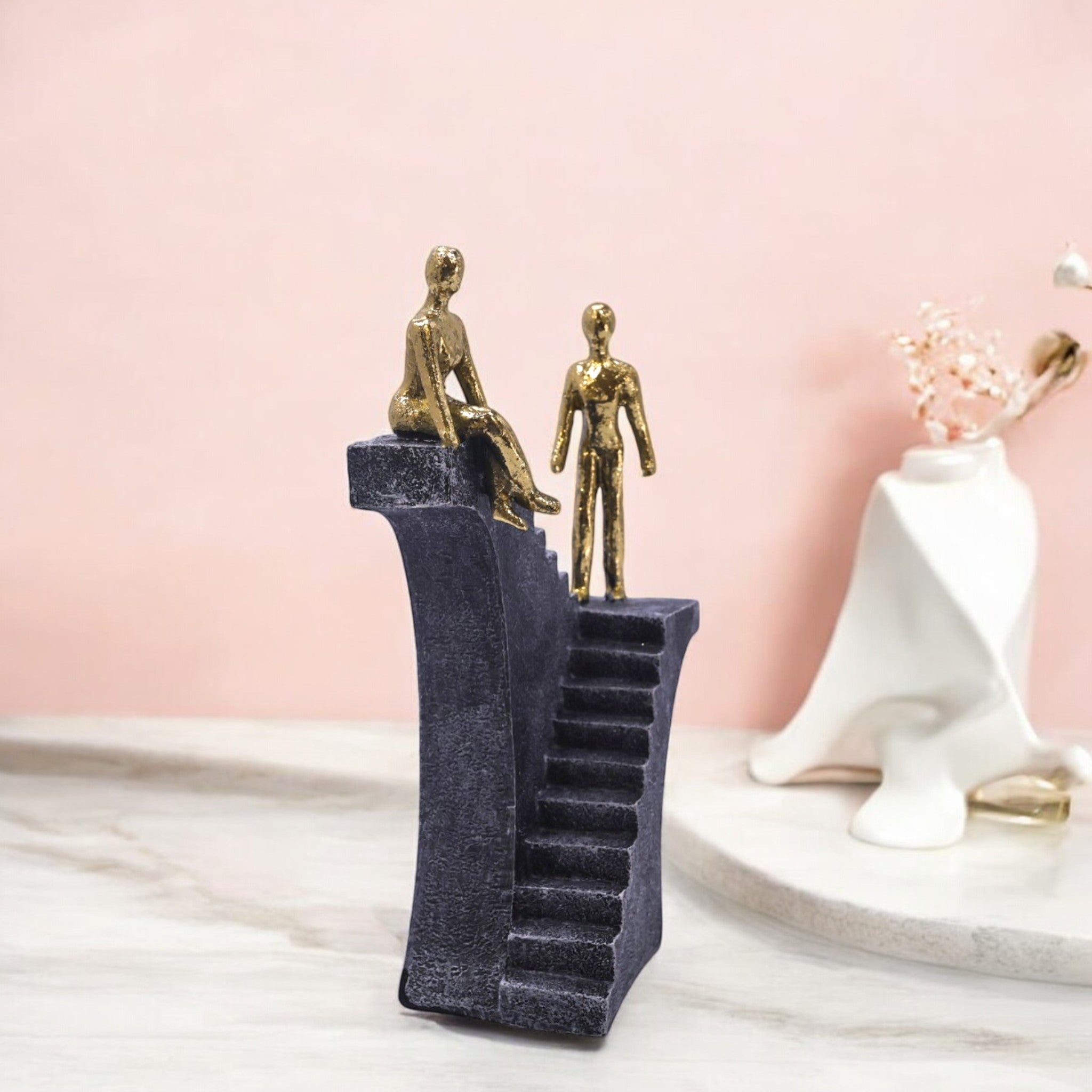 Ascending Figures Stairway Sculpture | Modern Grey & Gold Art Statue | 25cm Contemporary Home Decor - Divine Dekor