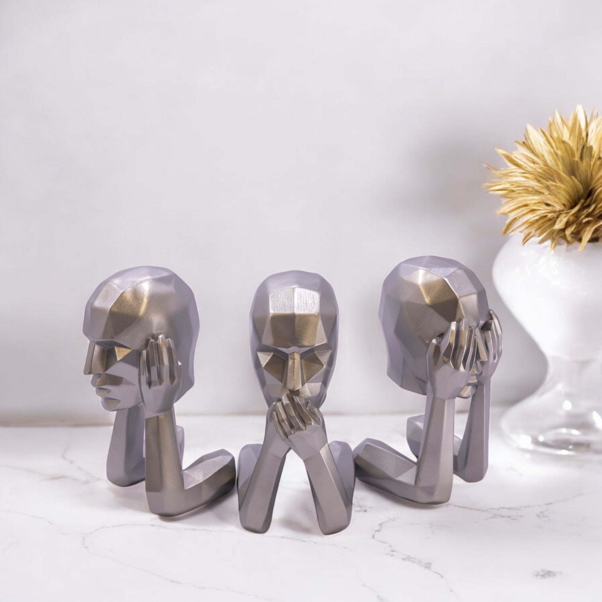 Silver Three Wise Monkeys | Modern Abstract Art Decor | Divine Dekor