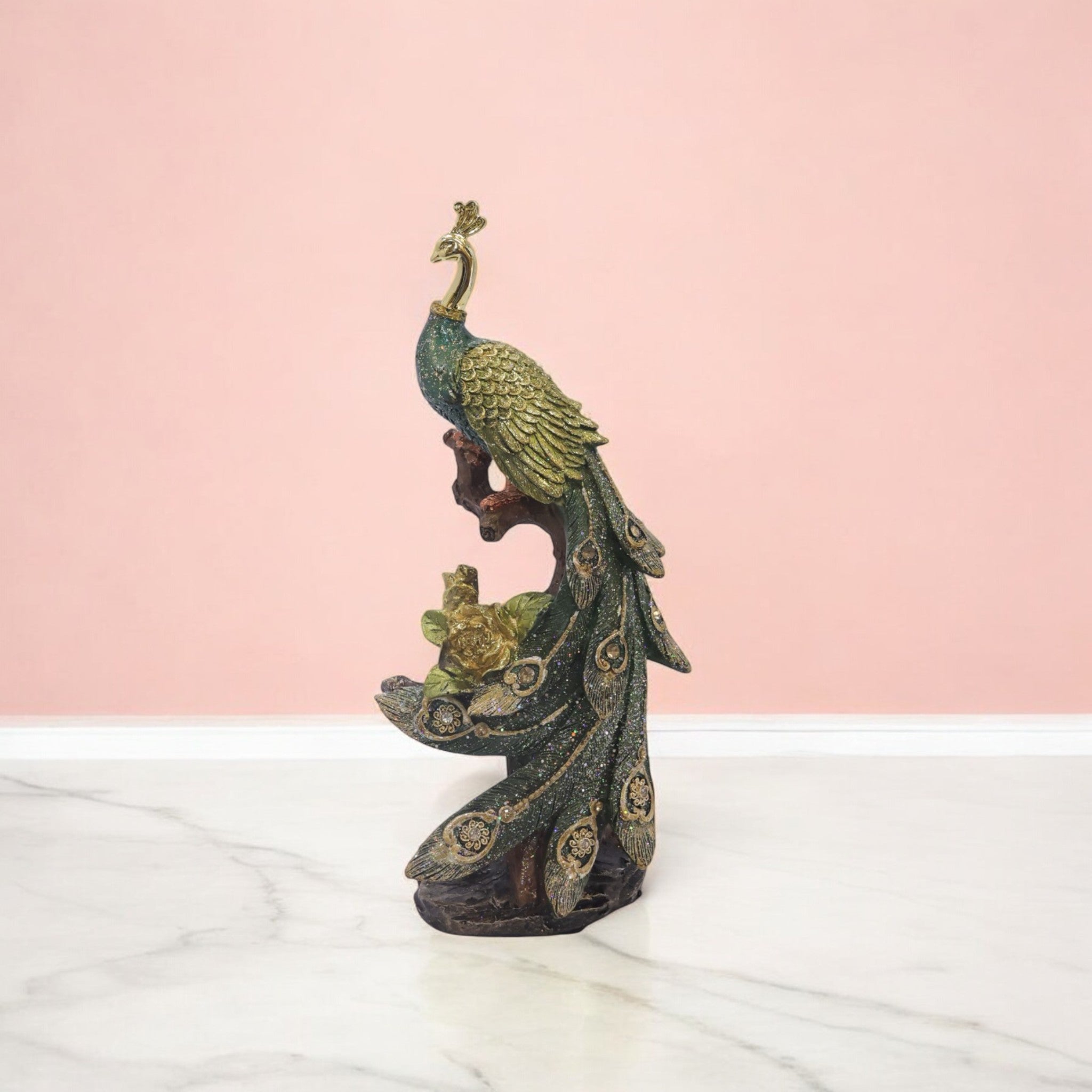 Regal Peacock Sculpture | Hand-Painted Luxury Home Decor | 28cm Decorative Bird Figurine - Divine Dekor