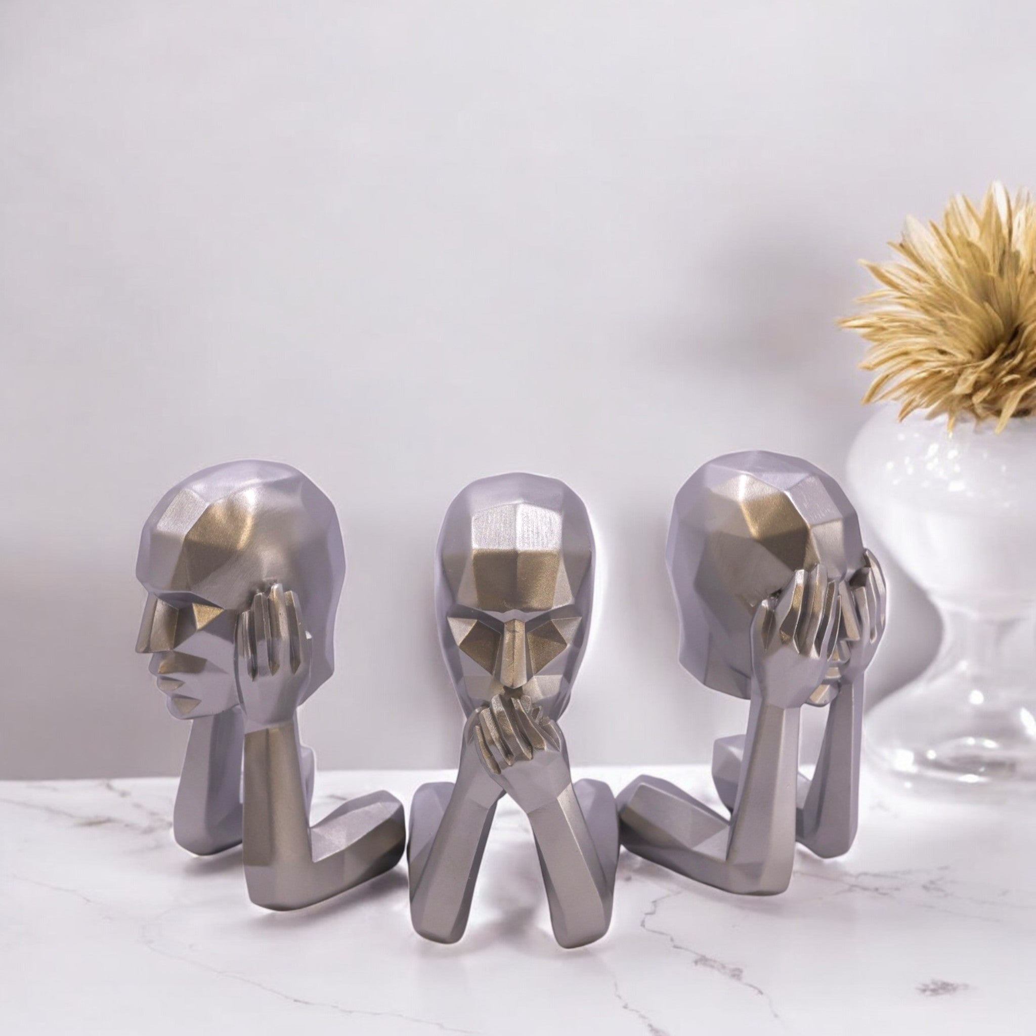 Silver Three Wise Monkeys | Modern Abstract Art Decor | Divine Dekor