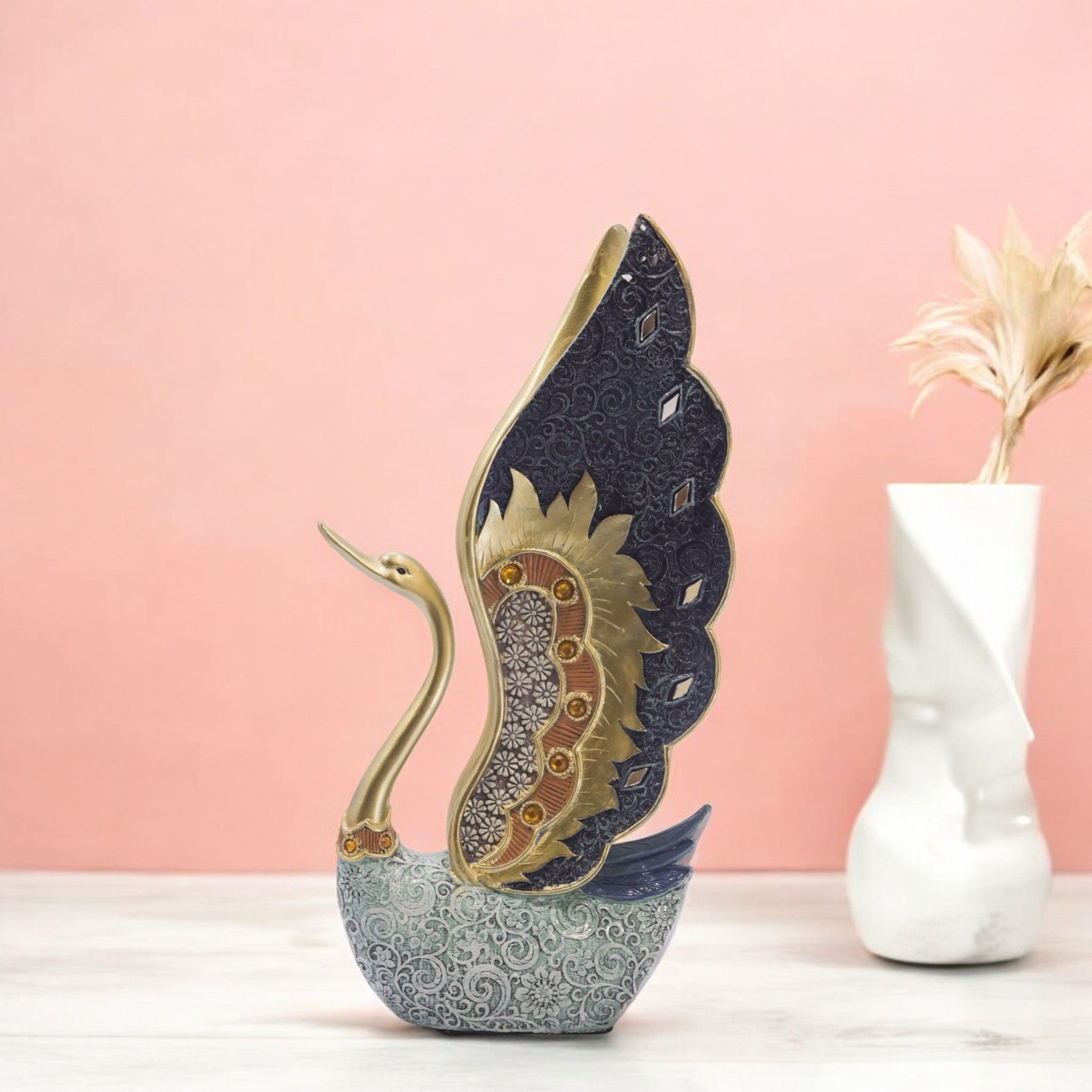 Elegant Swan Sculpture | Navy & Gold Art Statue with Crystal Base | 23cm Luxury Home Decor - Divine Dekor