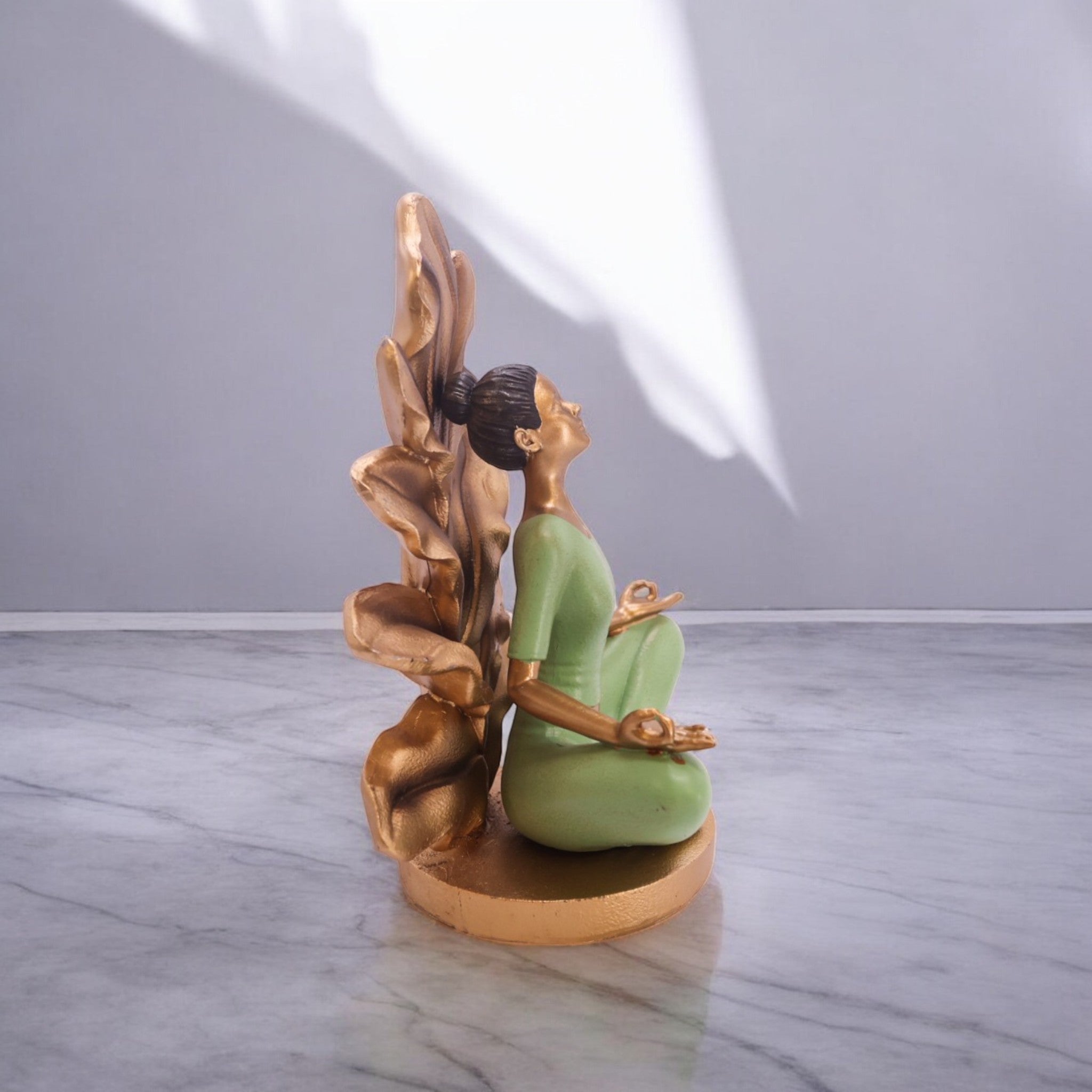 Divine Dekor Lotus Meditation Sculpture | 25.5cm Yoga Lady Statue | Zen Home Decor | Spiritual Mindfulness Art (Green-Gold)