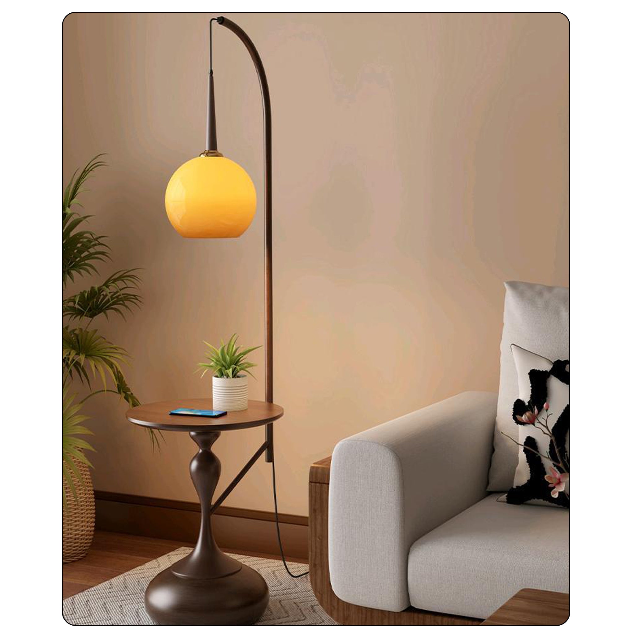 Retro Floor Lamp with Table | Amber Glass Shade | 173cm Modern Art Deco Light