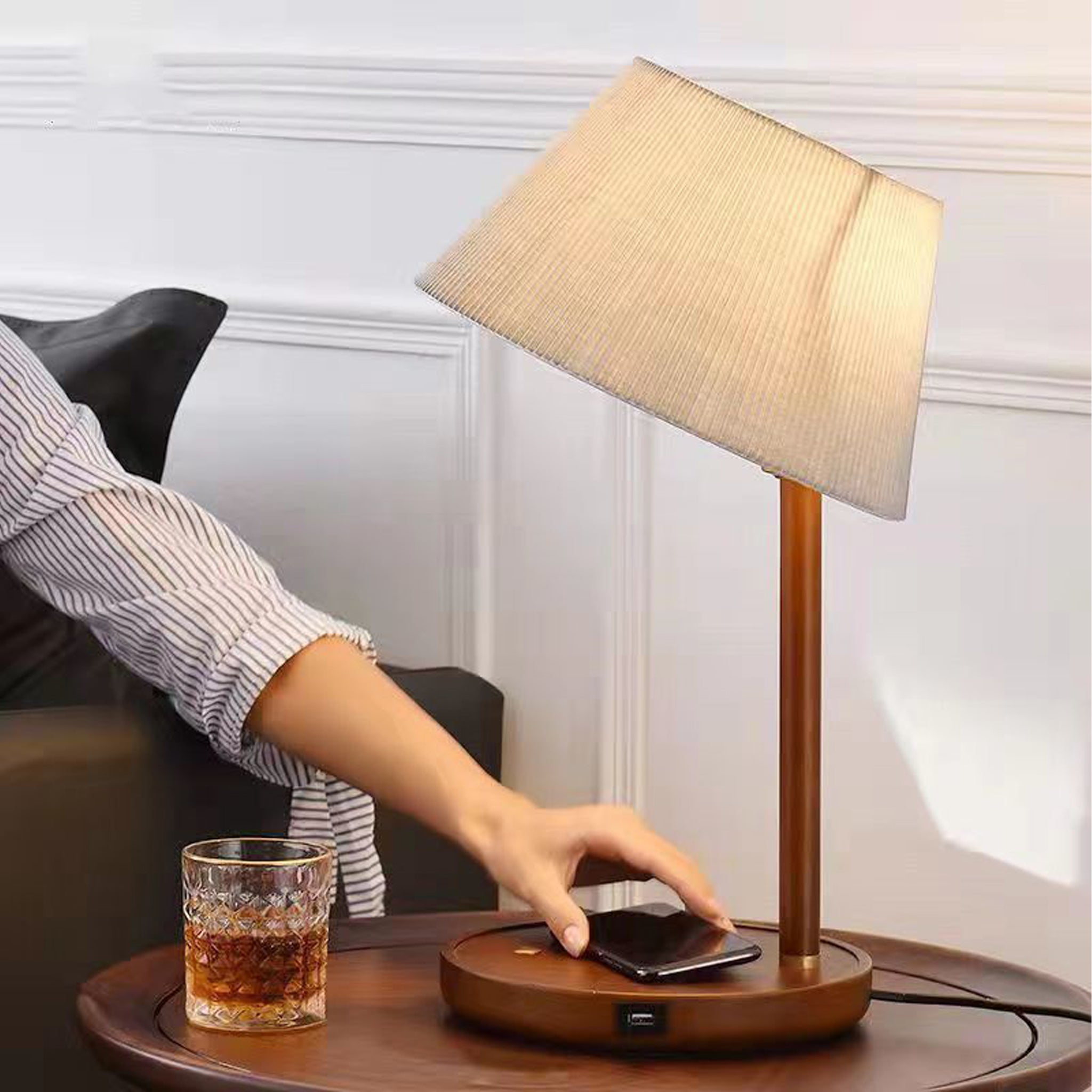 Modern Walnut Table Lamp | Black Metal & Fabric Shade | 46cm Designer Light