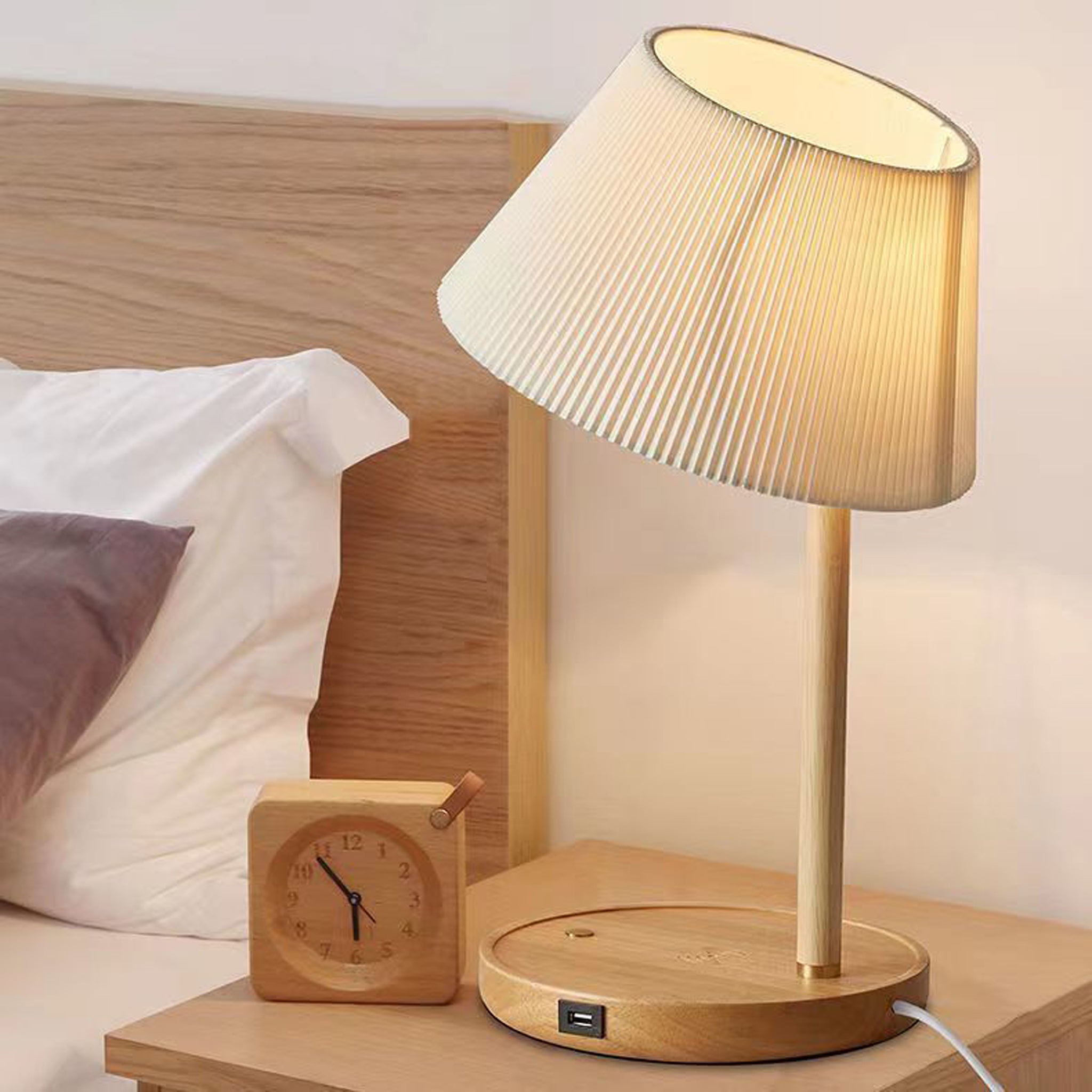 Smart Nordic Table Lamp | Wireless Charging & USB | 46cm Natural Wood Light
