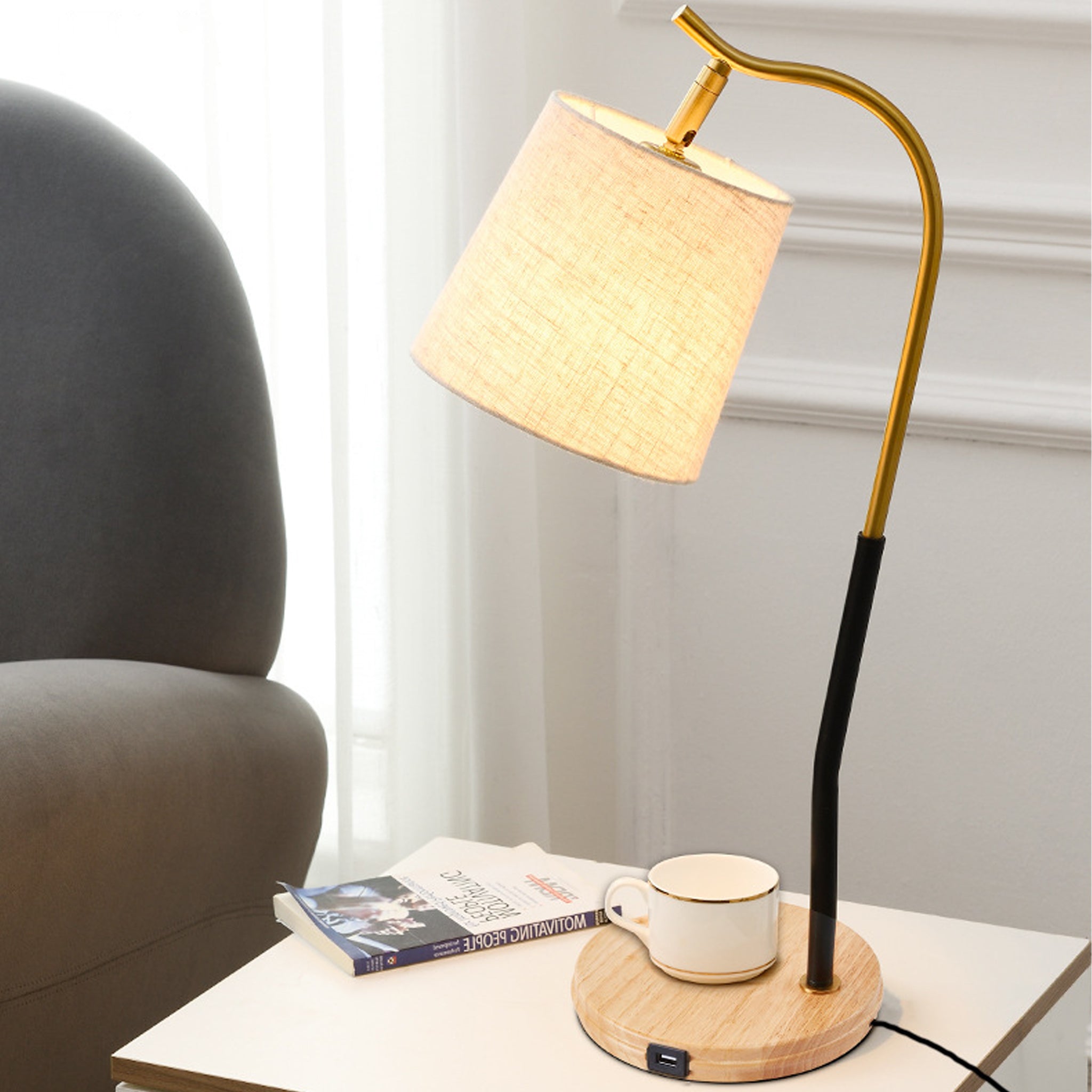 Nordic Curved Table Lamp | Natural Wood & Fabric Shade | 55cm Designer Light