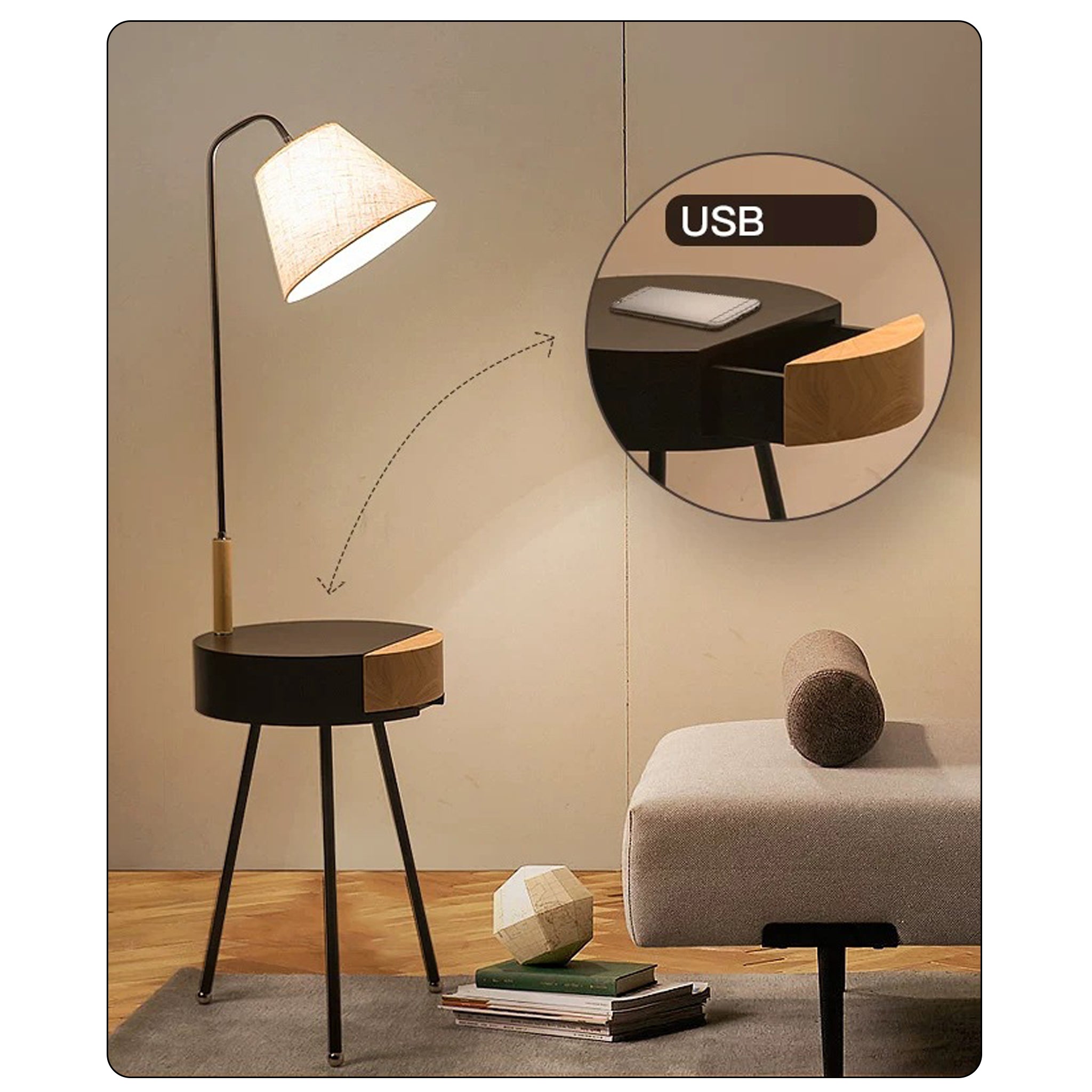 Smart Floor Lamp with Wireless Charging | Storage Table | 158cm Modern Light