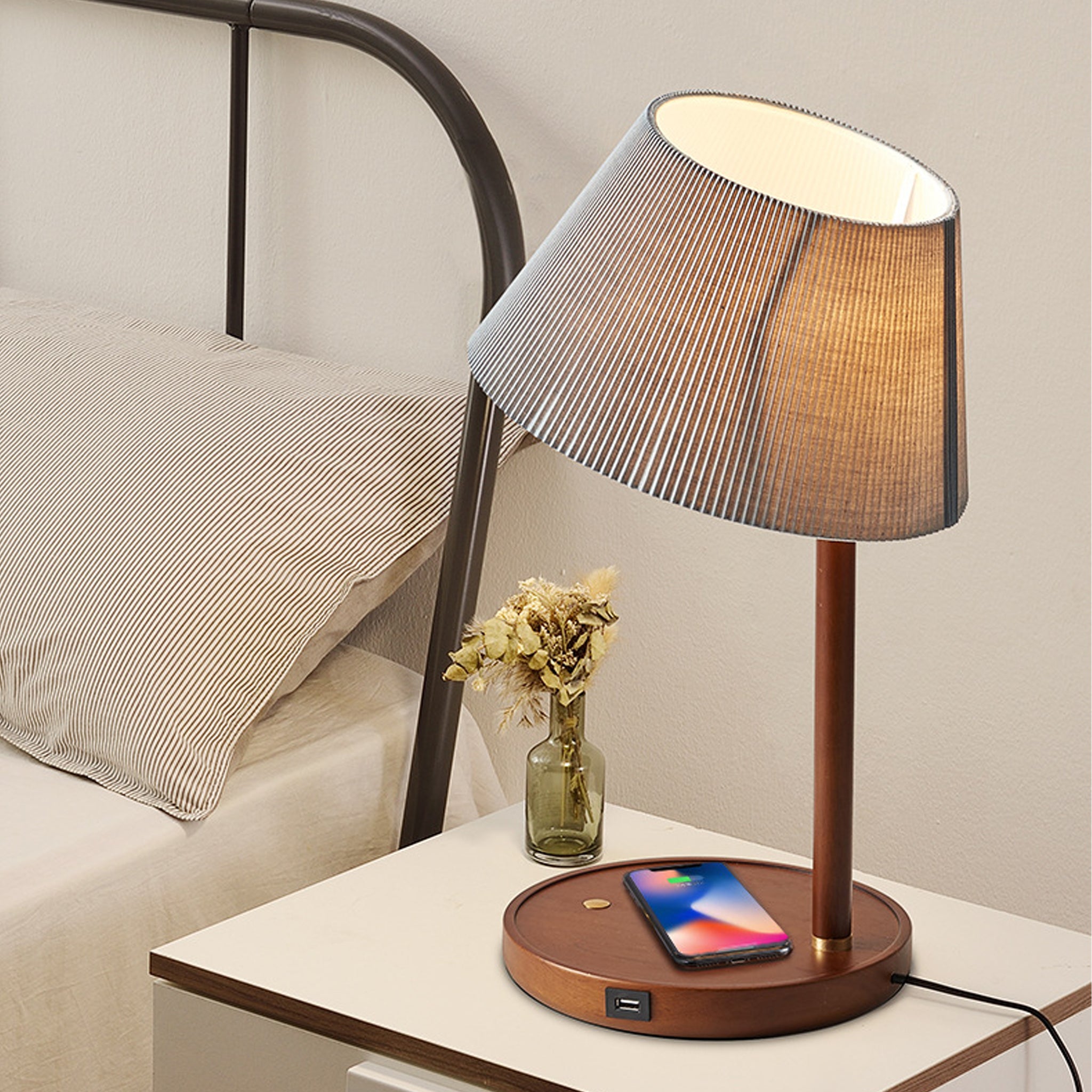 Modern Walnut Table Lamp | Black Metal & Fabric Shade | 46cm Designer Light