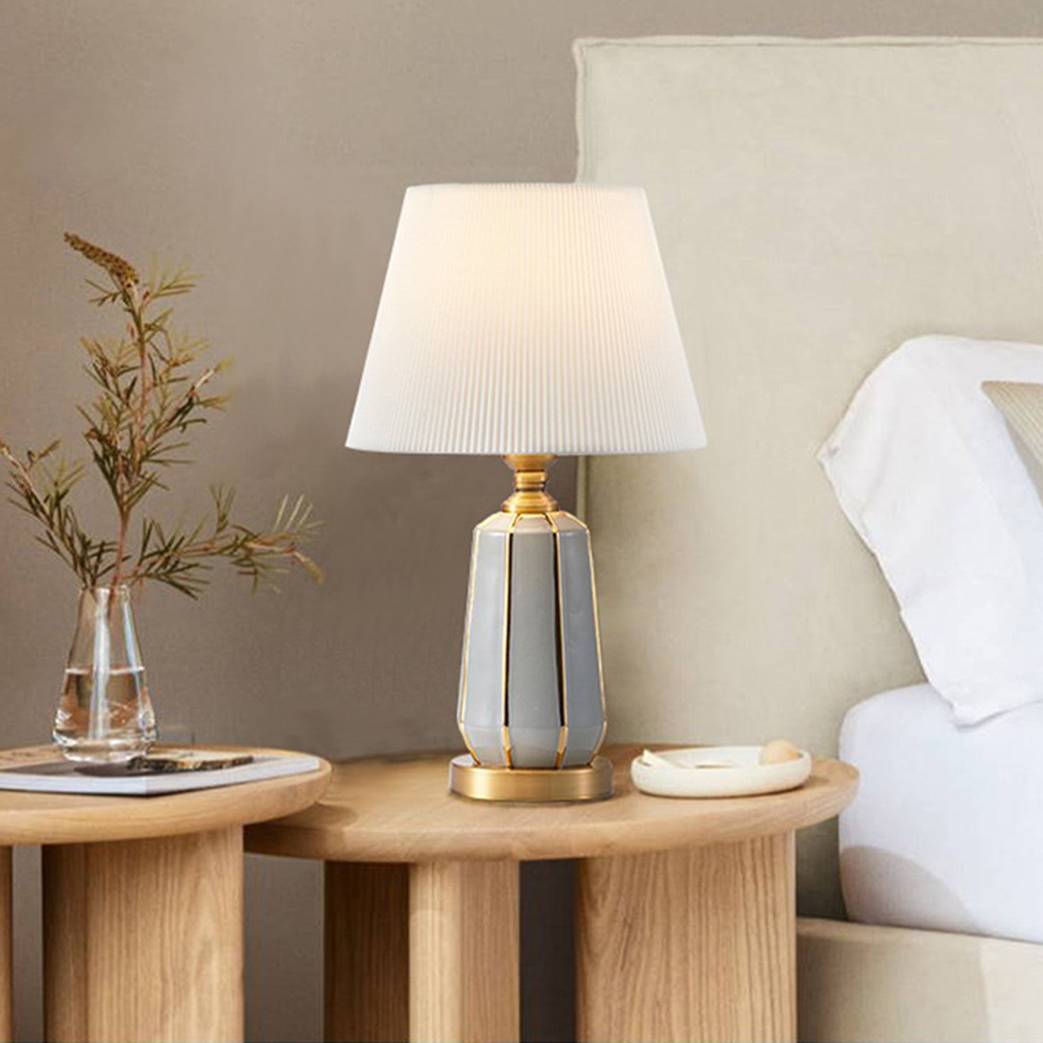 Modern Ceramic Table Lamp | White Pleated Shade & Gold Trim | 49cm Designer Light
