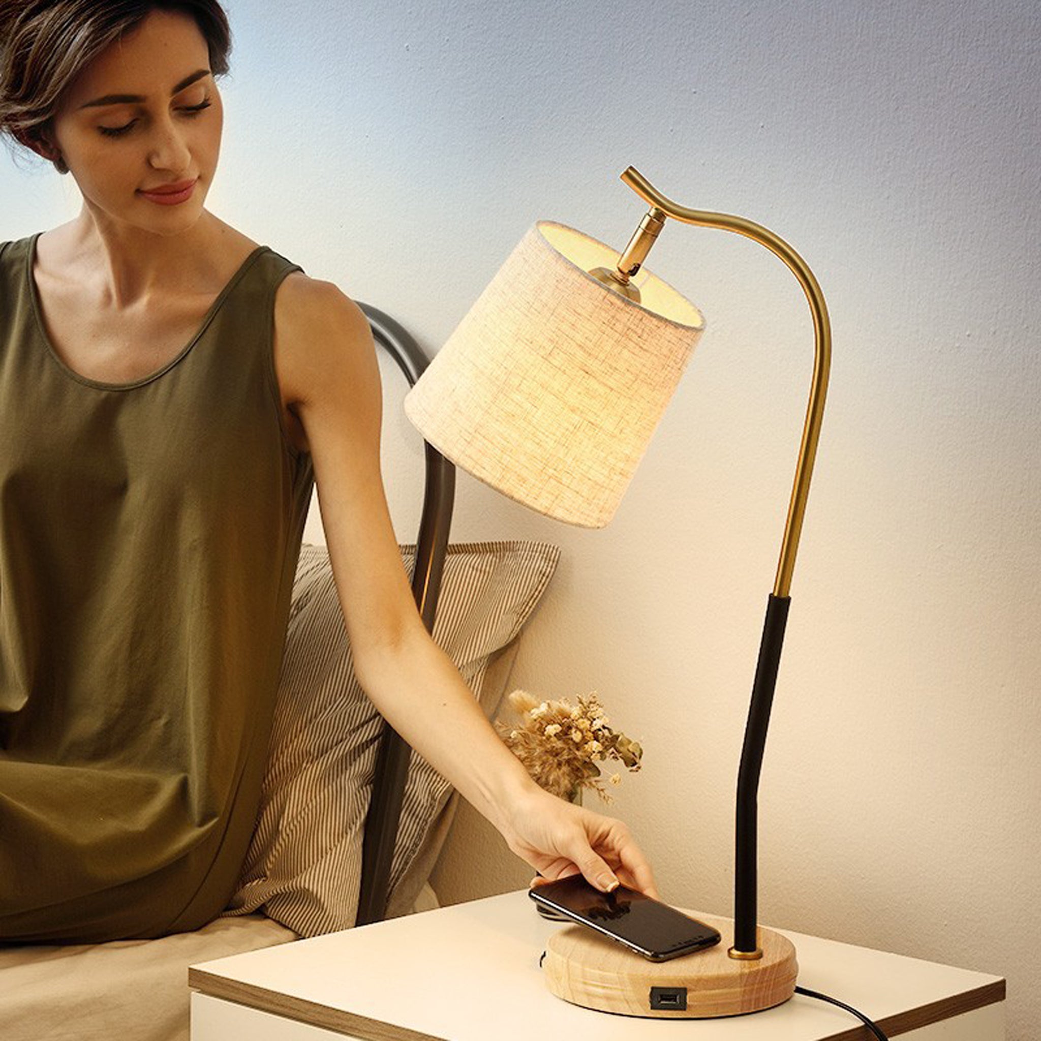 Nordic Curved Table Lamp | Natural Wood & Fabric Shade | 55cm Designer Light