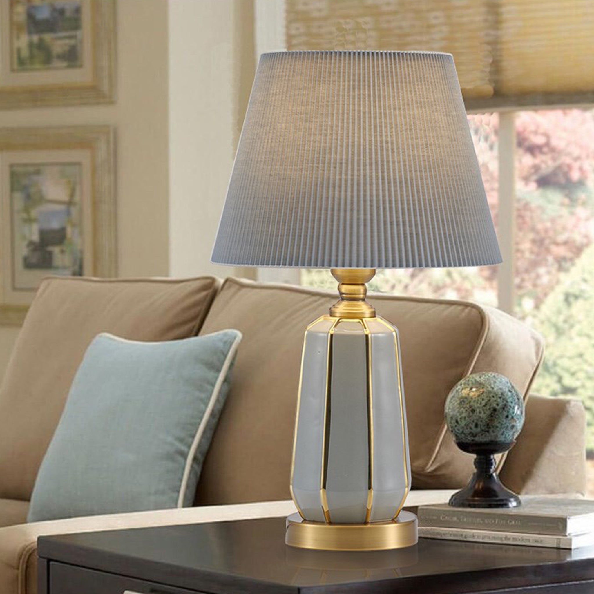 Modern Ceramic Table Lamp | White Pleated Shade & Gold Trim | 49cm Designer Light