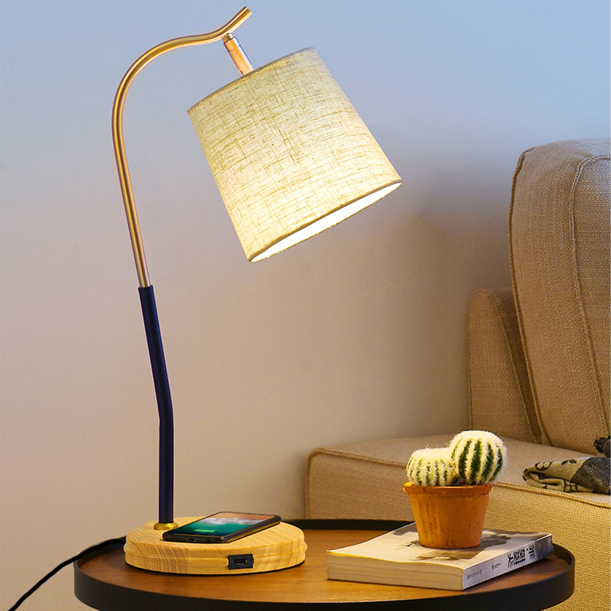 Nordic Curved Table Lamp | Natural Wood & Fabric Shade | 55cm Designer Light