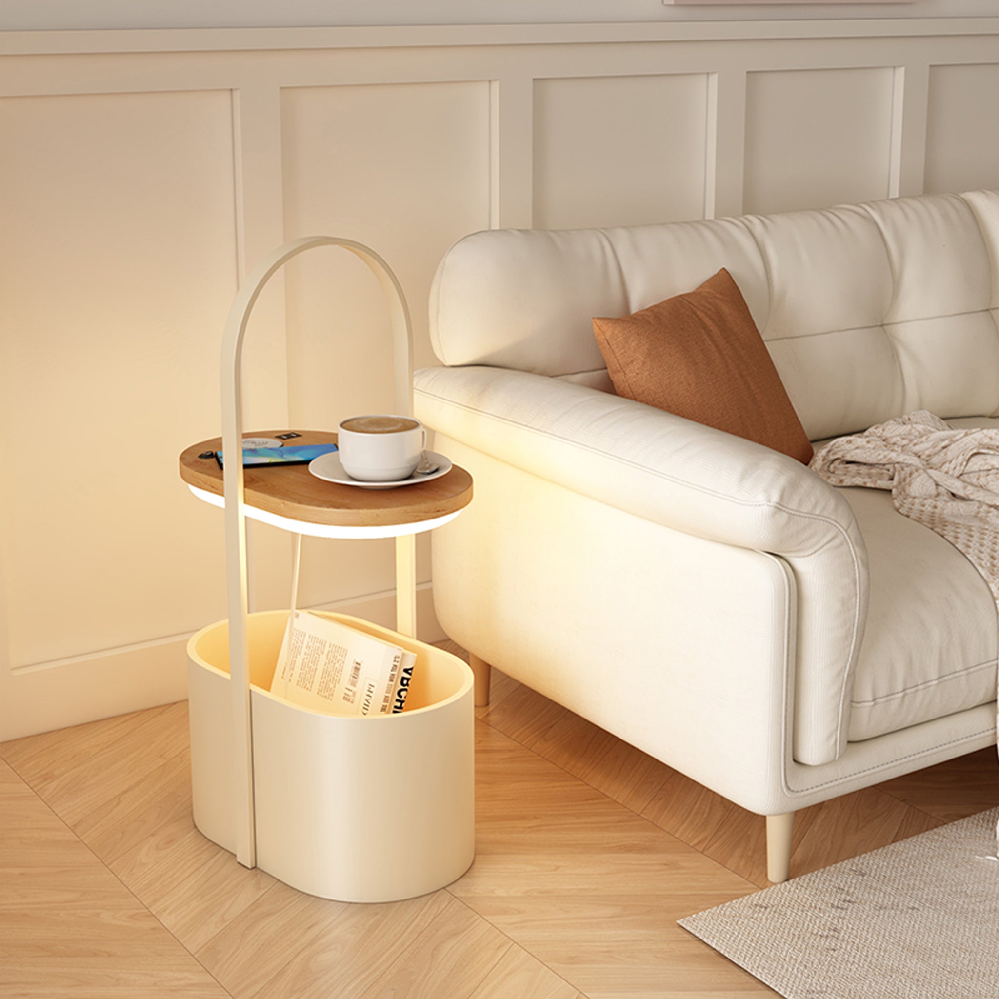 Smart LED Side Table | 3-Color Light & Storage | 72cm White Modern Furniture